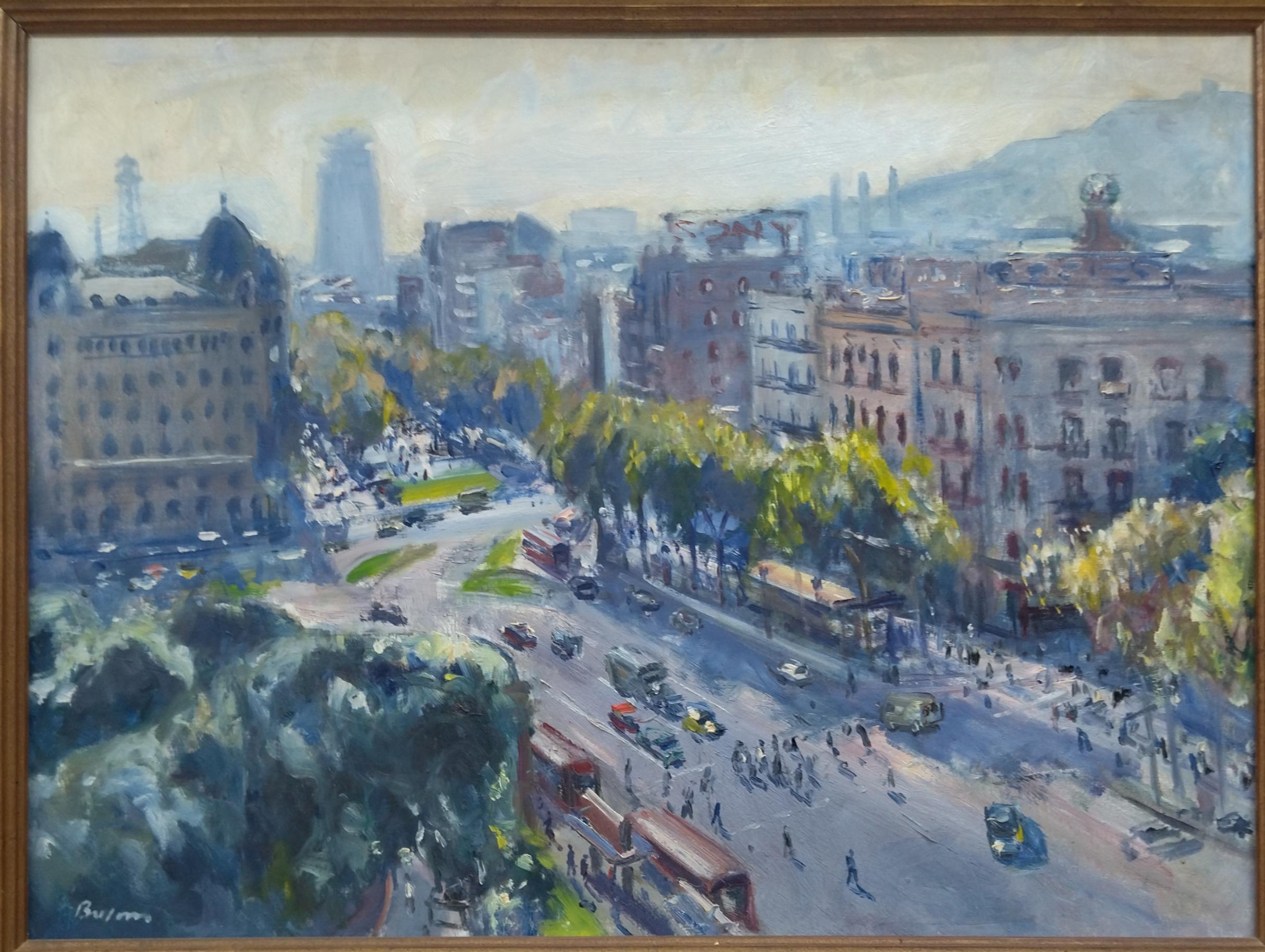 Bussom Plaza Cataluña, Barcelona pintura al óleo. - Landscape Painting Gris de Simo Busom
