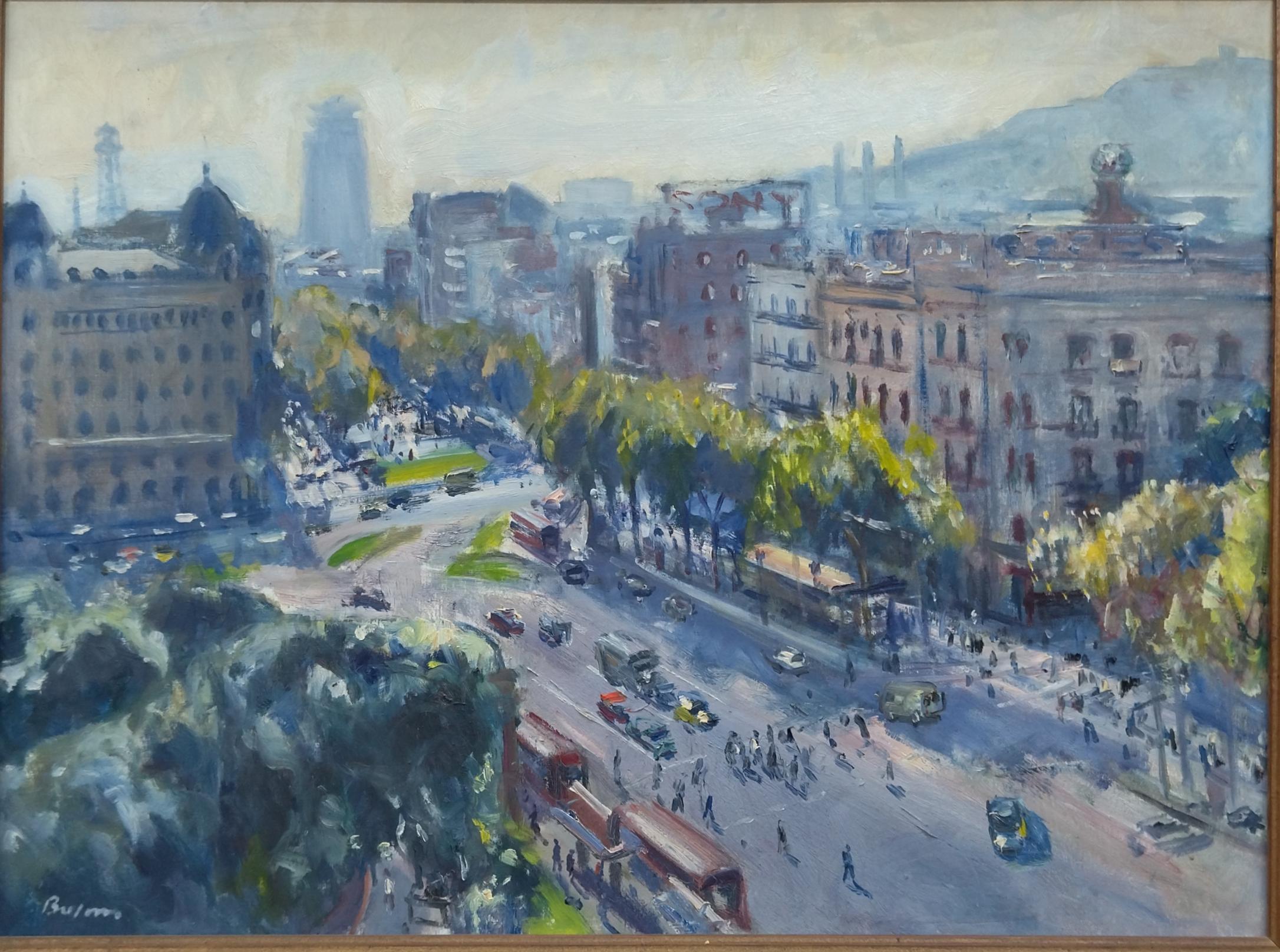 Bussom Plaza Cataluña, Barcelona oil painting. - Fauvist Painting by Simo Busom