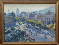 Peinture à l'huile « Bussom Plaza Cataluña », style fauviste, encadrée, années 1980