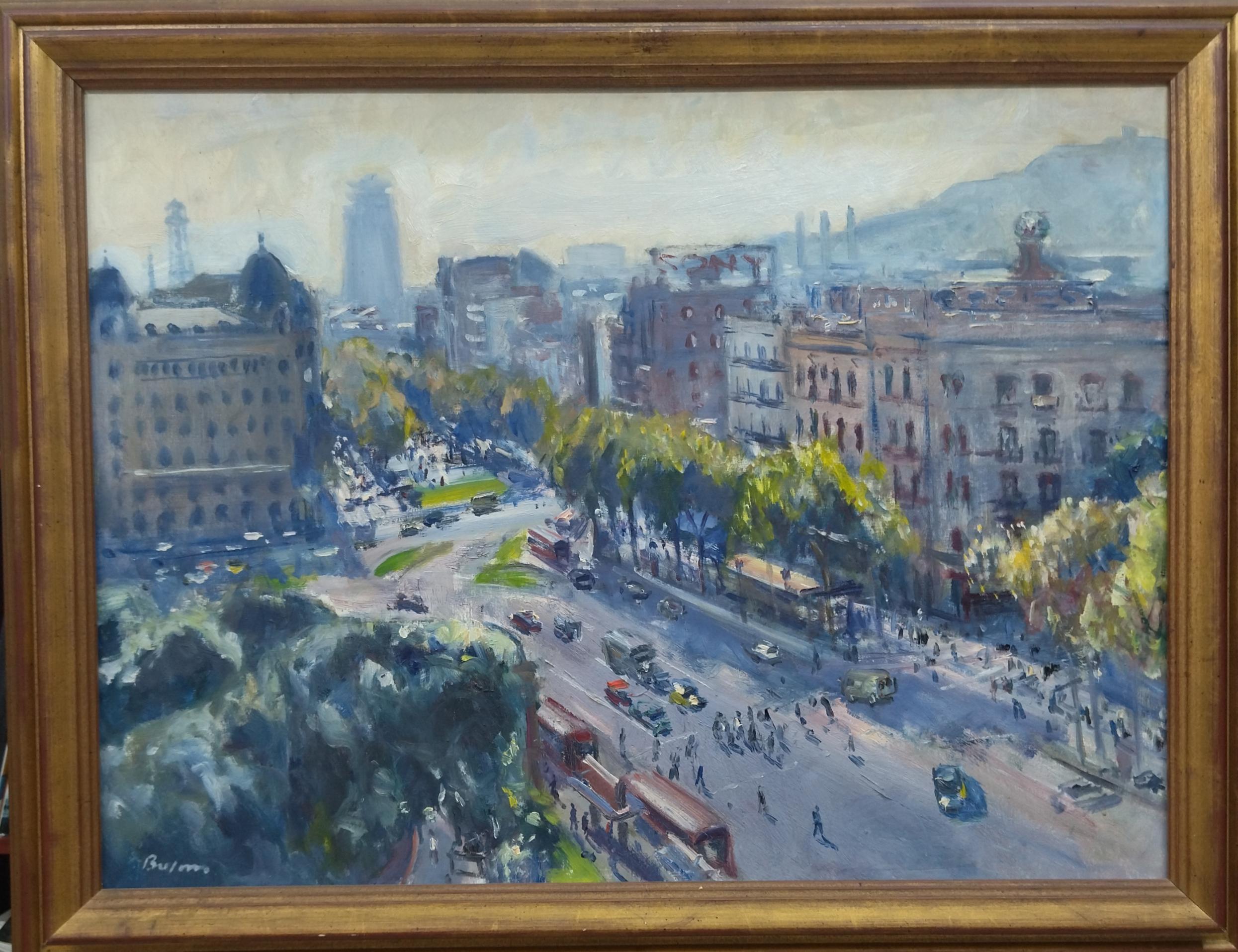 Landscape Painting Simo Busom - Plaza Cataluña, Barcelone peinture à l'huile. 