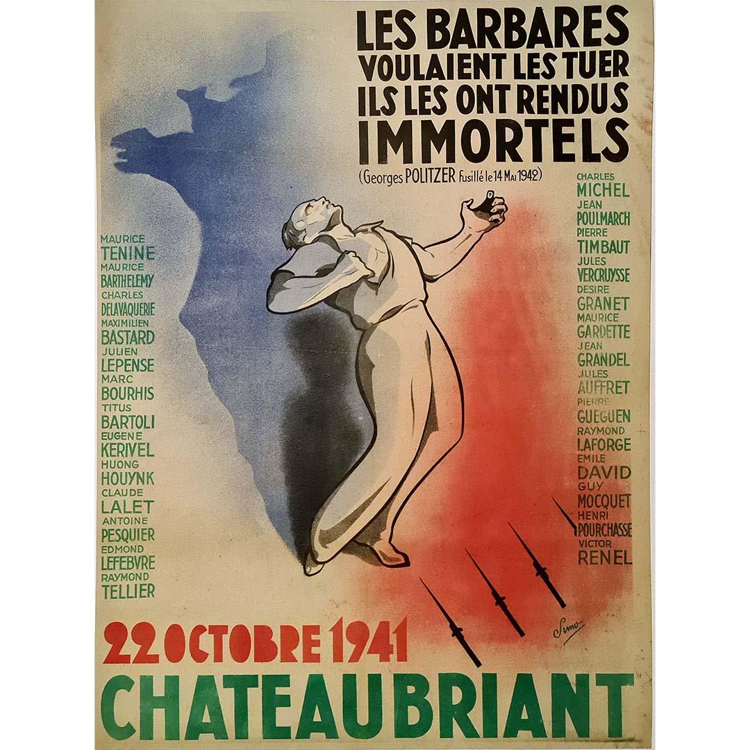 Crafted in 1941, the original poster by Simo stands as a poignant tribute to the victims of a tragic event in French history: the mass execution of resistance fighters in Châteaubriant on October 22, 1941. This solemn commemoration, depicted in the