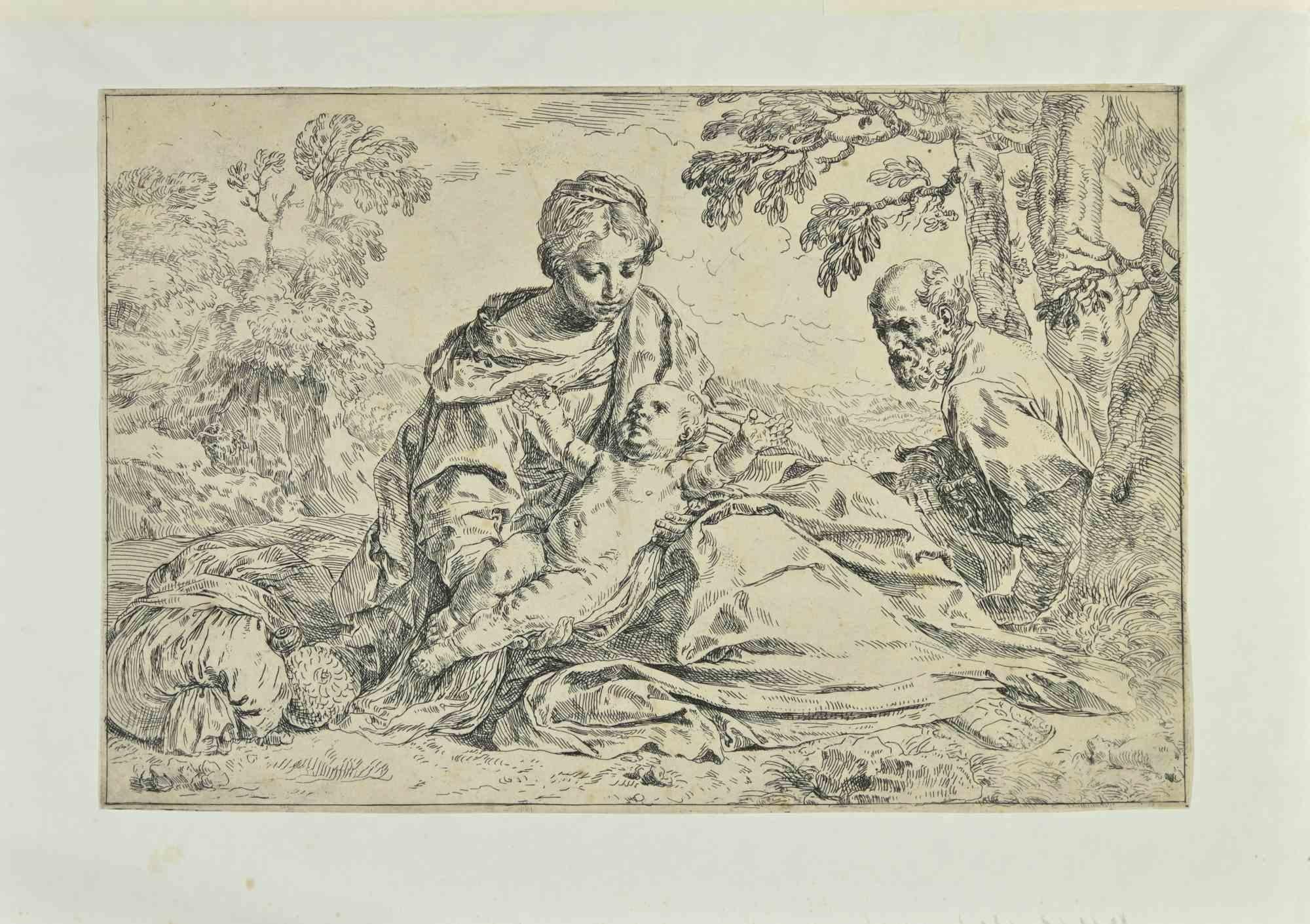 Rest on the flight into Egypt is an etching by Simone Cantarini executed around 1640. Cantarini also made a painting with the same subject now at the Louvre Museum.  
 
The dimensions of the etching on laid paper with a watermark are 17.9x26.5