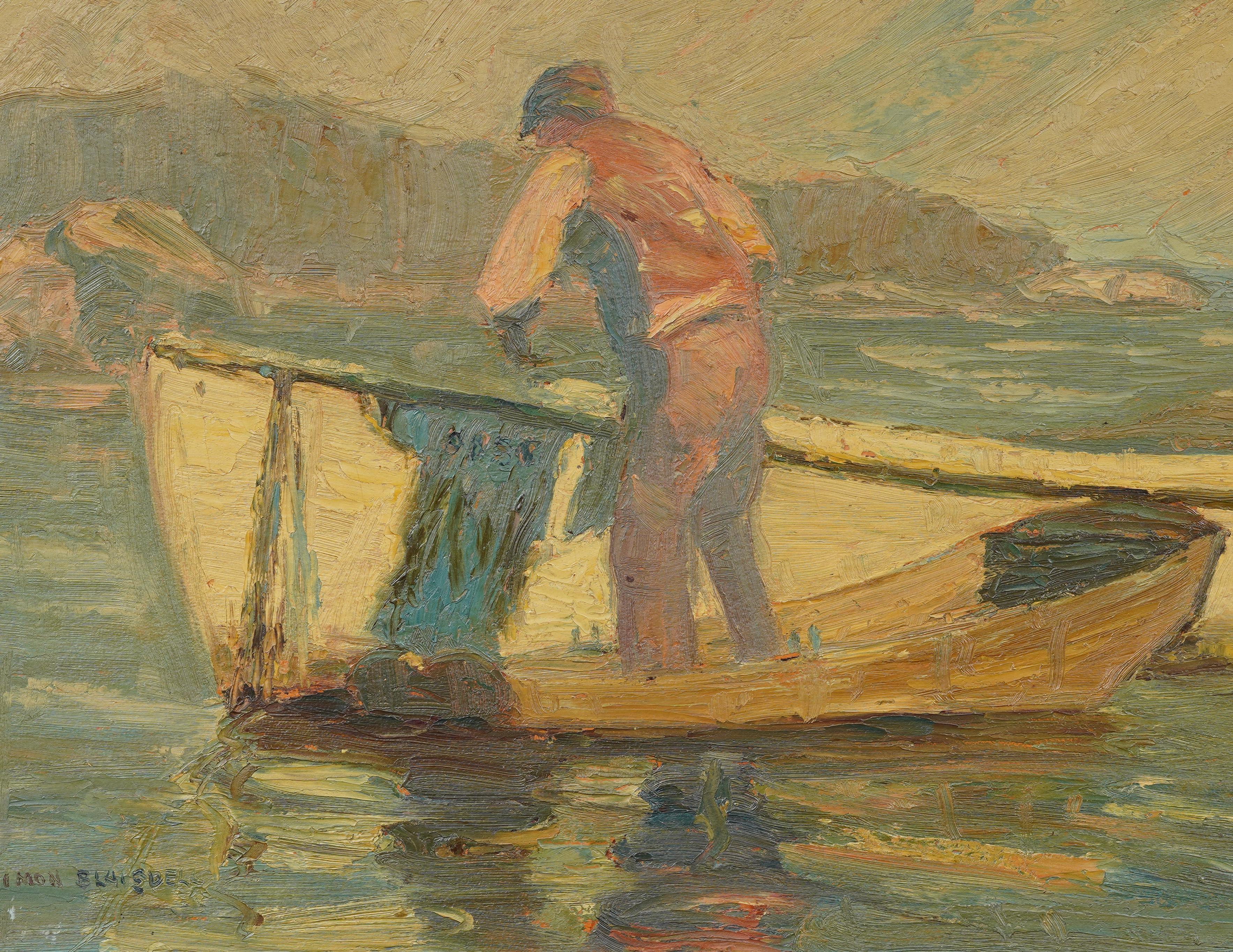 Ein lebhaftes amerikanisches Ölgemälde von Simon Blaisdell aus dem frühen 20. Jahrhundert, das einen Fischer zeigt, der in einer Küstenbucht von einem Ruderboot aus Netze einholt. Das in einer reichhaltigen Impasto-Technik ausgeführte Werk fängt das