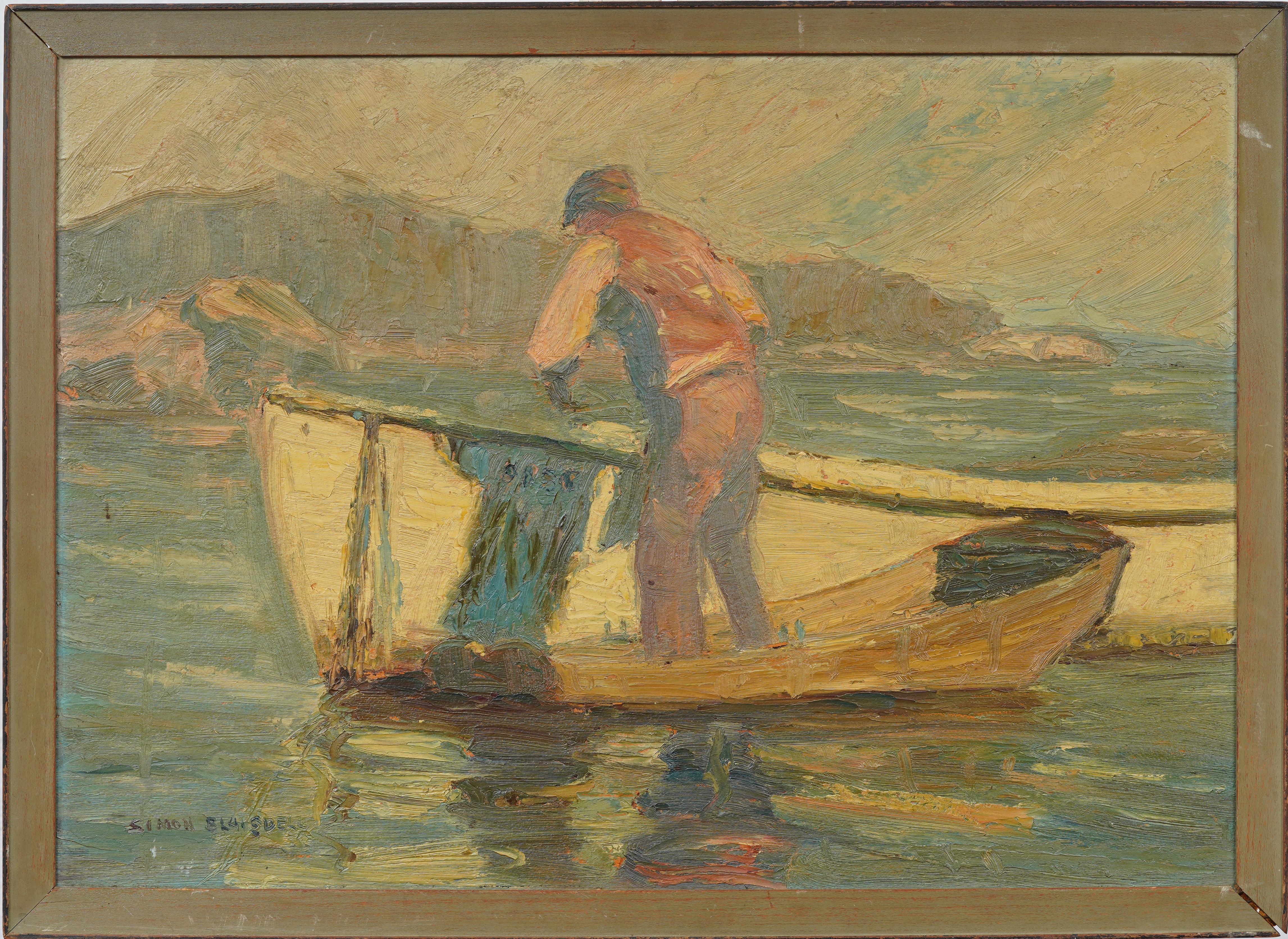 Simon A. Blaisdell (1881 - 1965) Figurative Painting – "Hauling the Nets" Antiker amerikanischer Impressionist Gerahmte Seelandschaft Ölgemälde