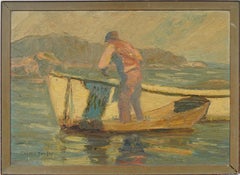 "Hauling the Nets" Antiker amerikanischer Impressionist Gerahmte Seelandschaft Ölgemälde