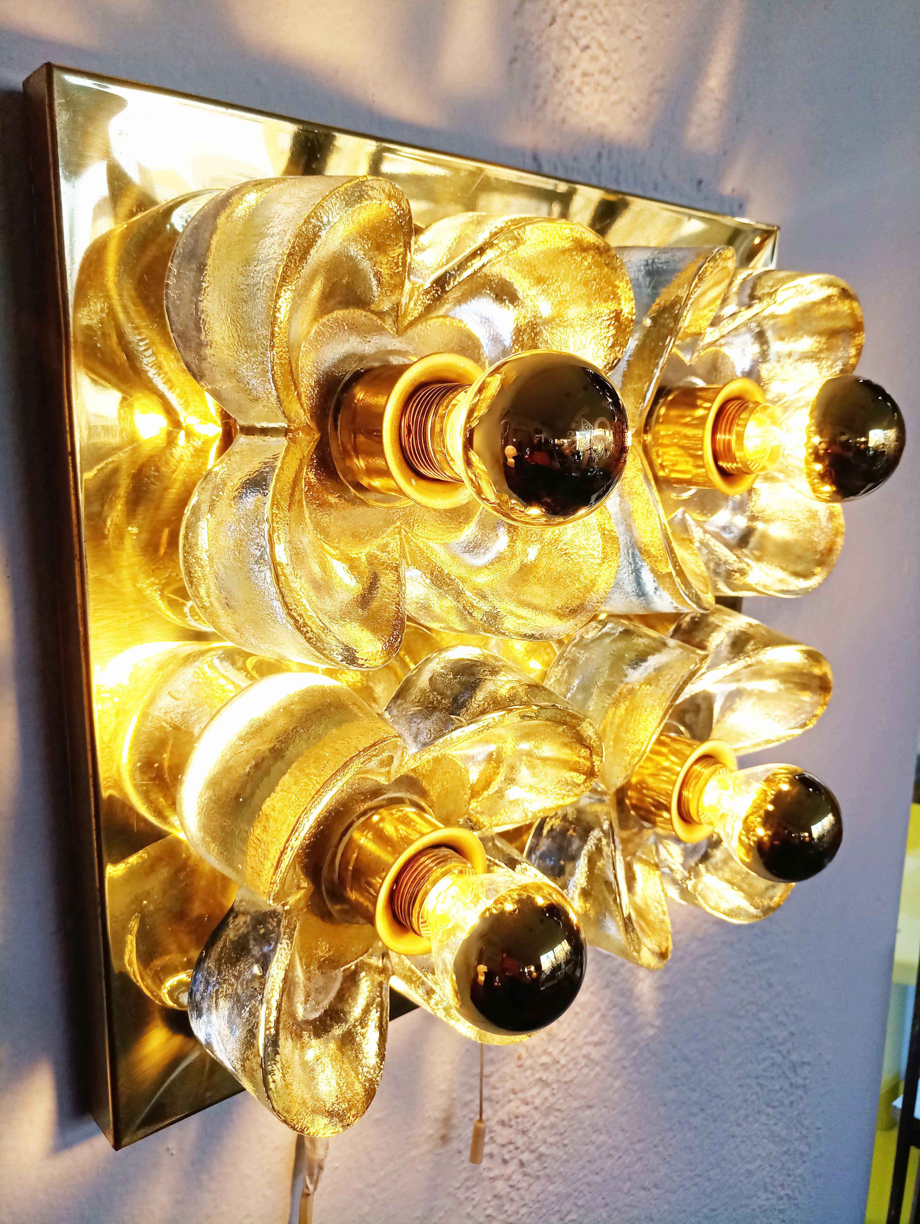 German Simon and Schelle Flower Wall Lights Sconce Brass and Glass by Sische, 1960s