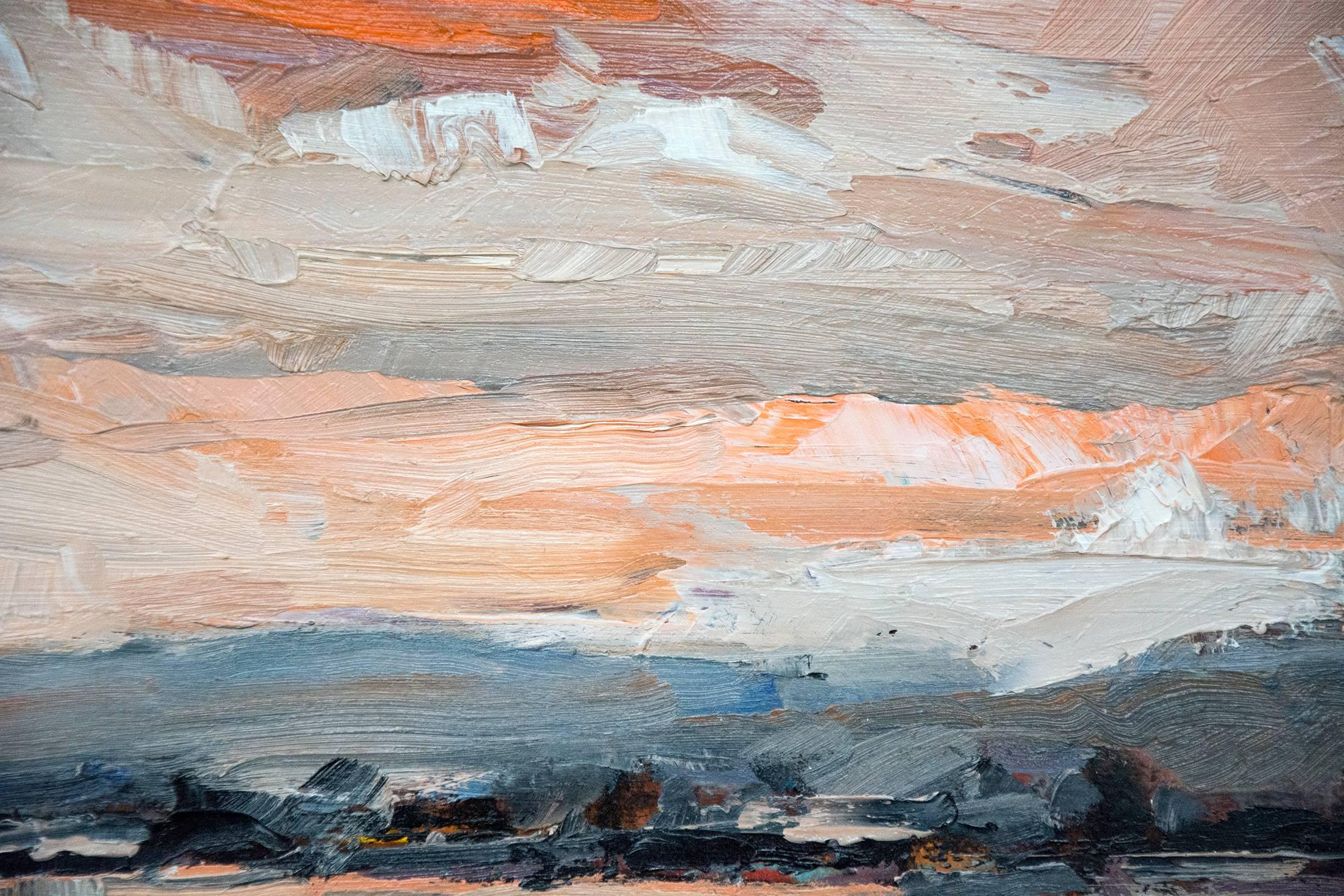 A foreground of textured black flecked with brilliant colors meets a twilight sky of orange and white in this Ontario landscape by Andrew Simon. The vigorous brushstrokes used in this work reflect Andrew's 