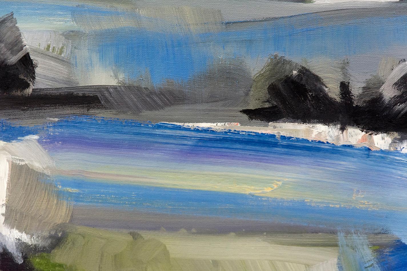 Spring Melt with Cloud on the Horizon - light oil impasto landscape - Blue Landscape Painting by Simon Andrew