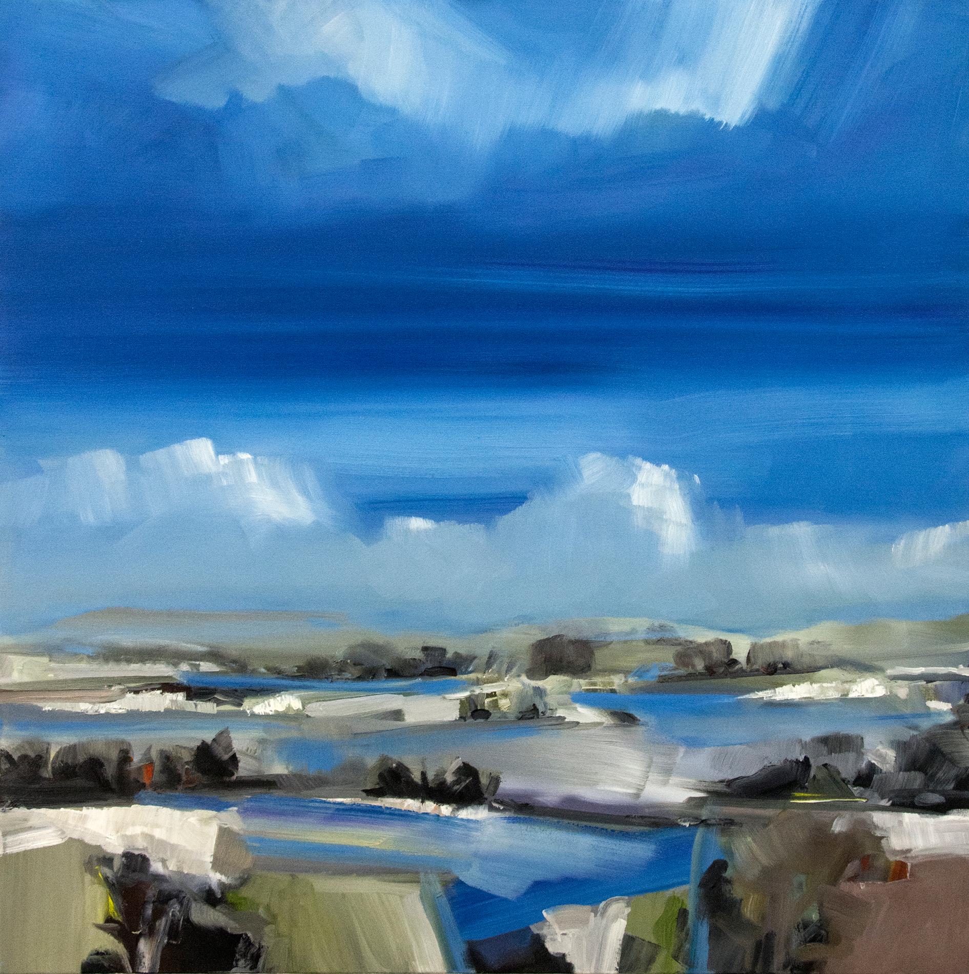 Simon Andrew Landscape Painting - Spring Melt with Cloud on the Horizon - light oil impasto landscape