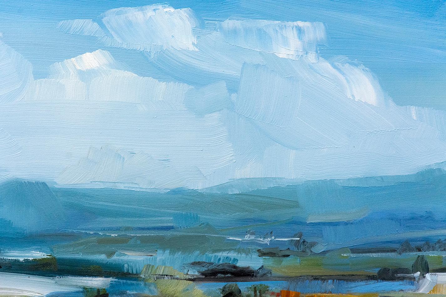Spring Melt with Clouds - gestural landscape with bright gold and verdant green - Painting by Simon Andrew
