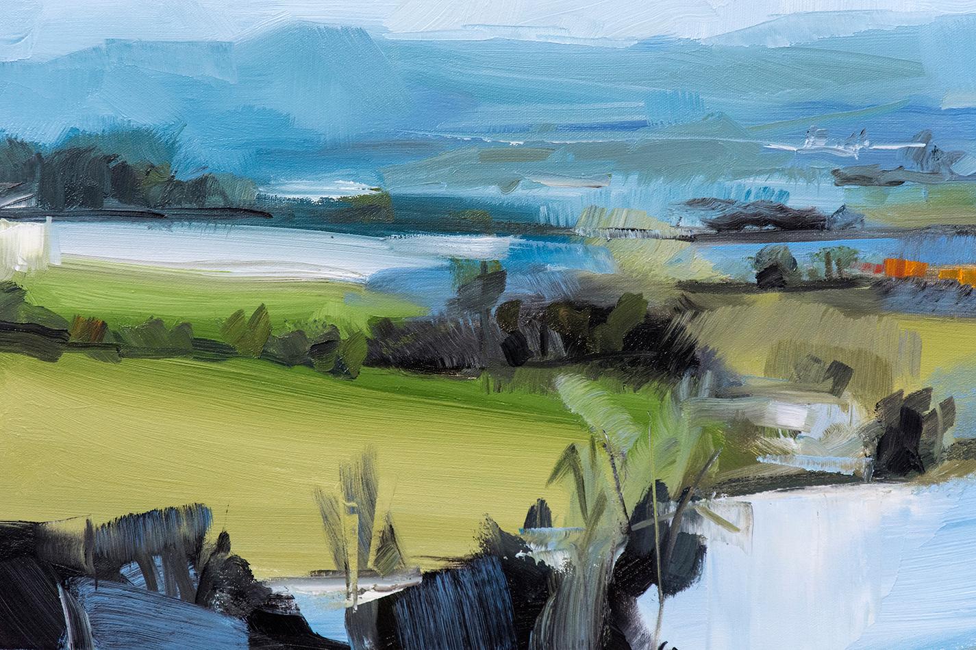 Spring Melt with Clouds - gestural landscape with bright gold and verdant green - Contemporary Painting by Simon Andrew