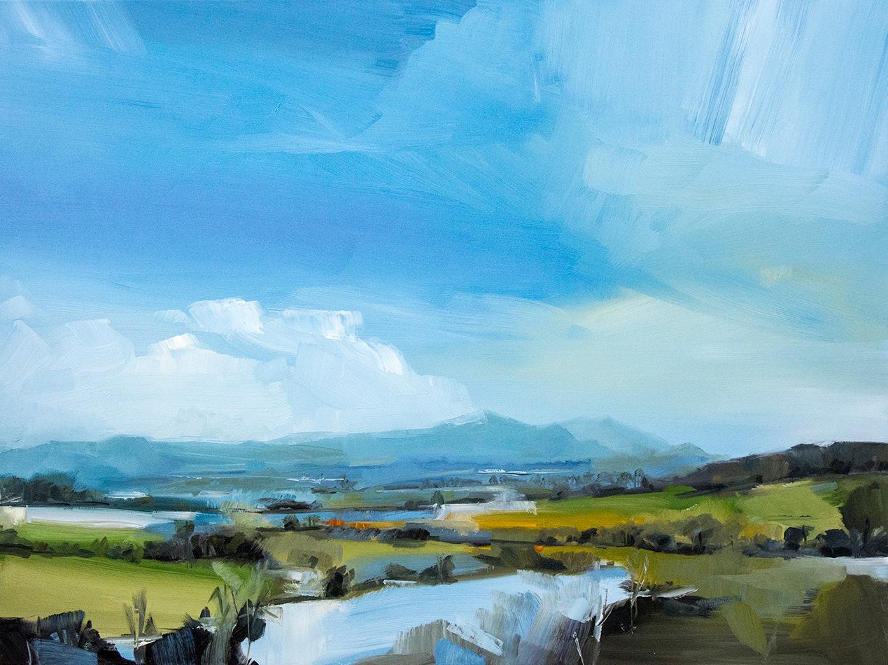 Simon Andrew Landscape Painting - Spring Melt with Clouds - gestural landscape with bright gold and verdant green