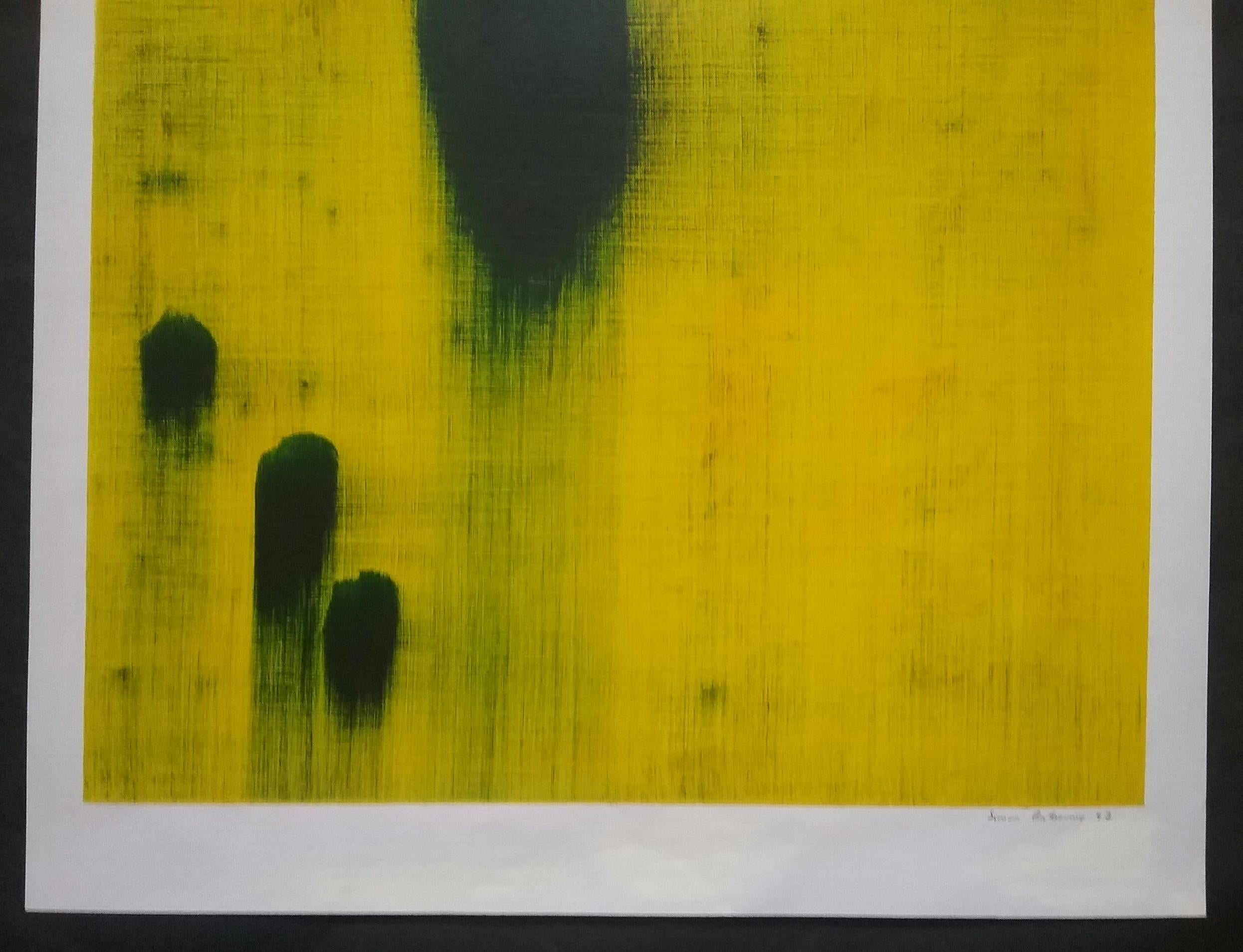 Oil on paper abstract painting by Simon Balbernie.  Signed and dated '97 lower right margin.  Unframed.

Predominant colours: Yellow and black.  

Sheet size:  21.5 inches x 16 inches.  54 cms x 40 cms.
Image size:  18.5 inches x 14.5 inches.  47