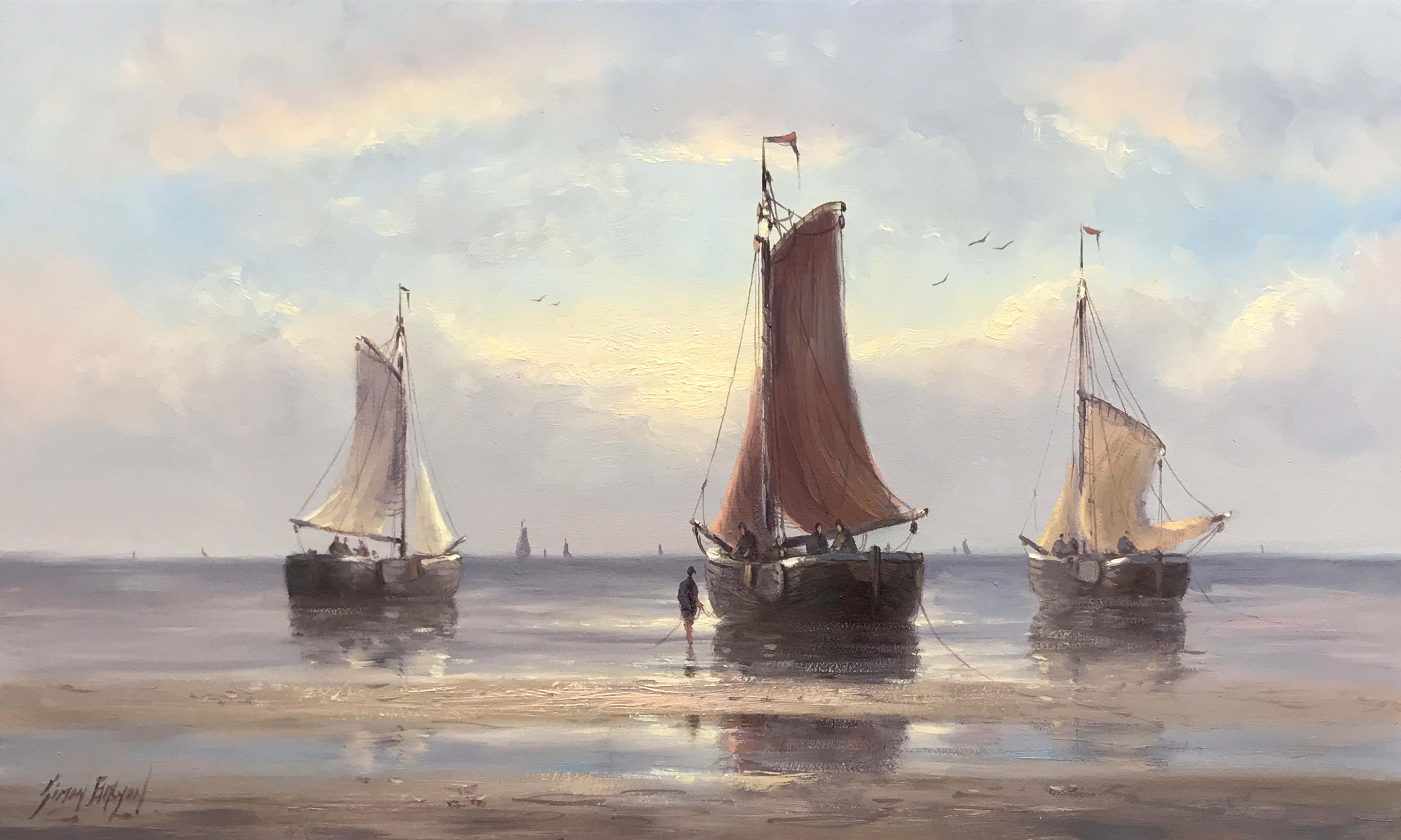 Simon Balyon Landscape Painting - Old Dutch Fishing Boats