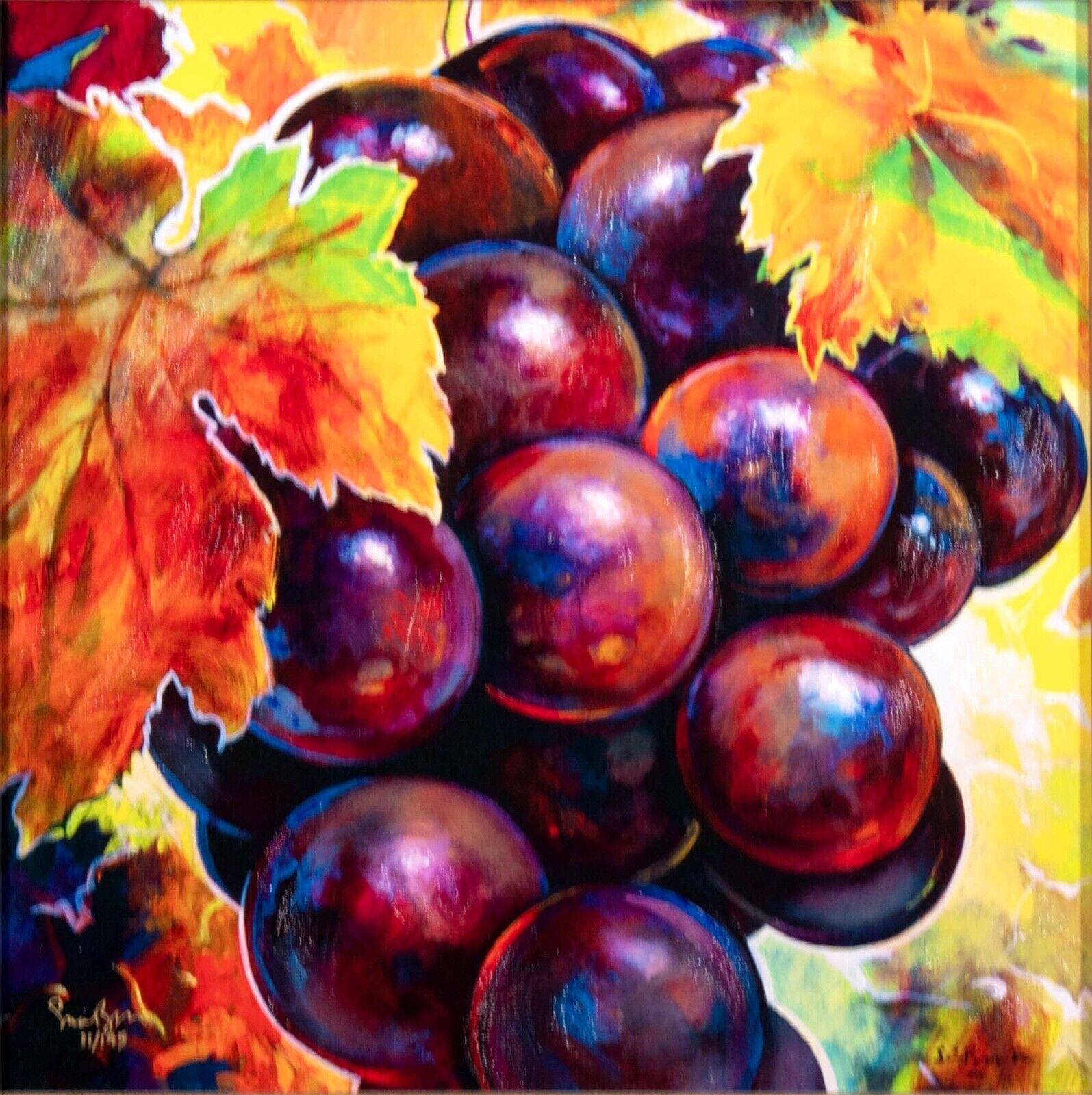 A classic giclee on canvas depicting a bunch of grapes by Simon Bull. Hand signed in gold bottom left with an annotation of 11/195. The perfect pop of color that makes a lovely addition for kitchen or dining decor. On the verso is a unique acrylic
