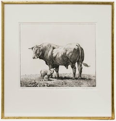 Simon Bull (b. 1958) - Framed 1985 Etching, Limousin Bull and Lamb