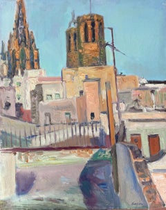Mid Century Barcelona Cathedral Rooftops Oil Painting, Mediterranean Spanish