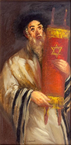 Antique Rare Ecole De Paris Judaica Rabbin avec Torah (Rabbi with Torah) OIl Painting