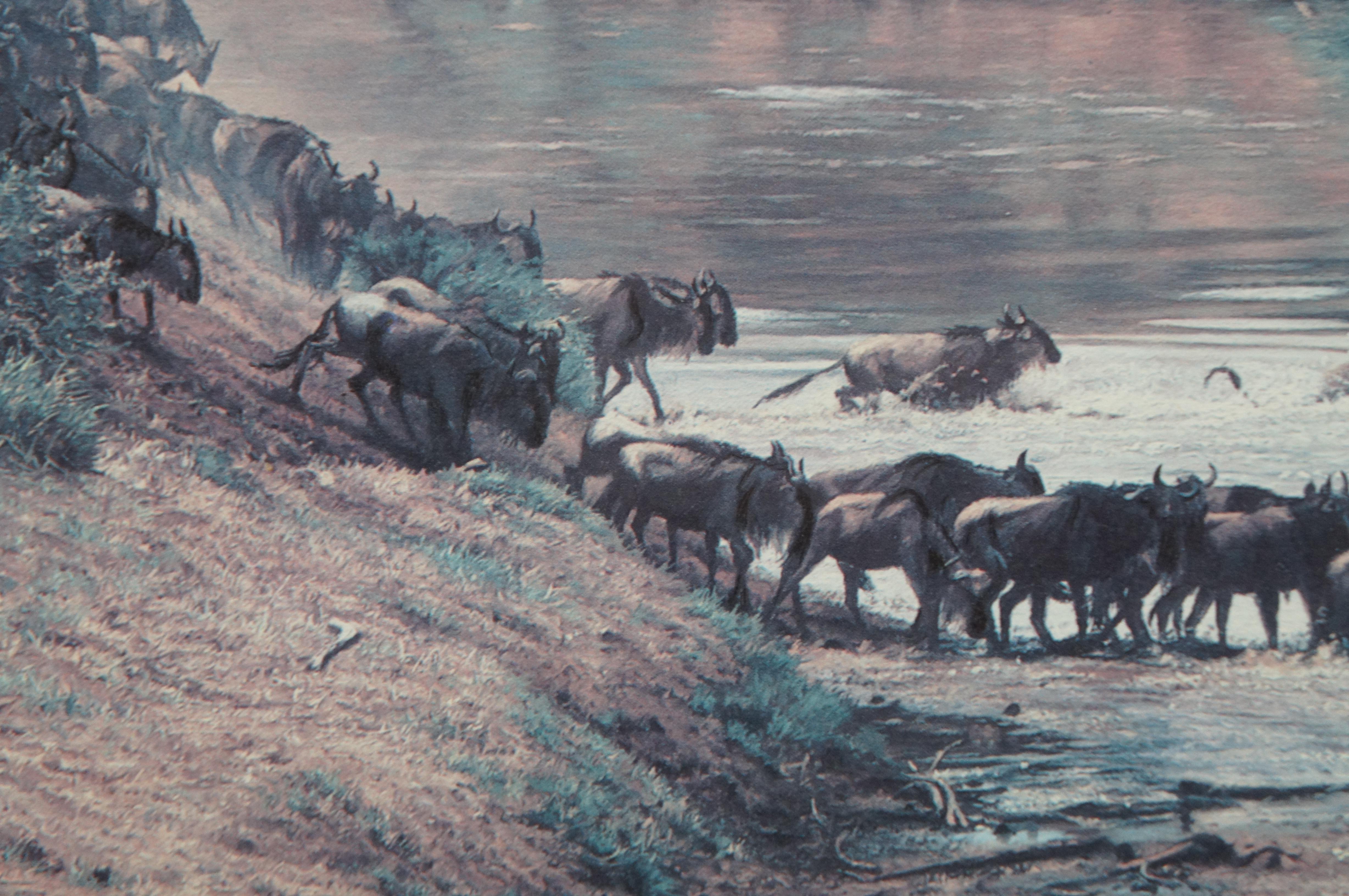Simon Combes The Crossing 1988 Wildebeest Landscape Signed Lithograph Print COA For Sale 3