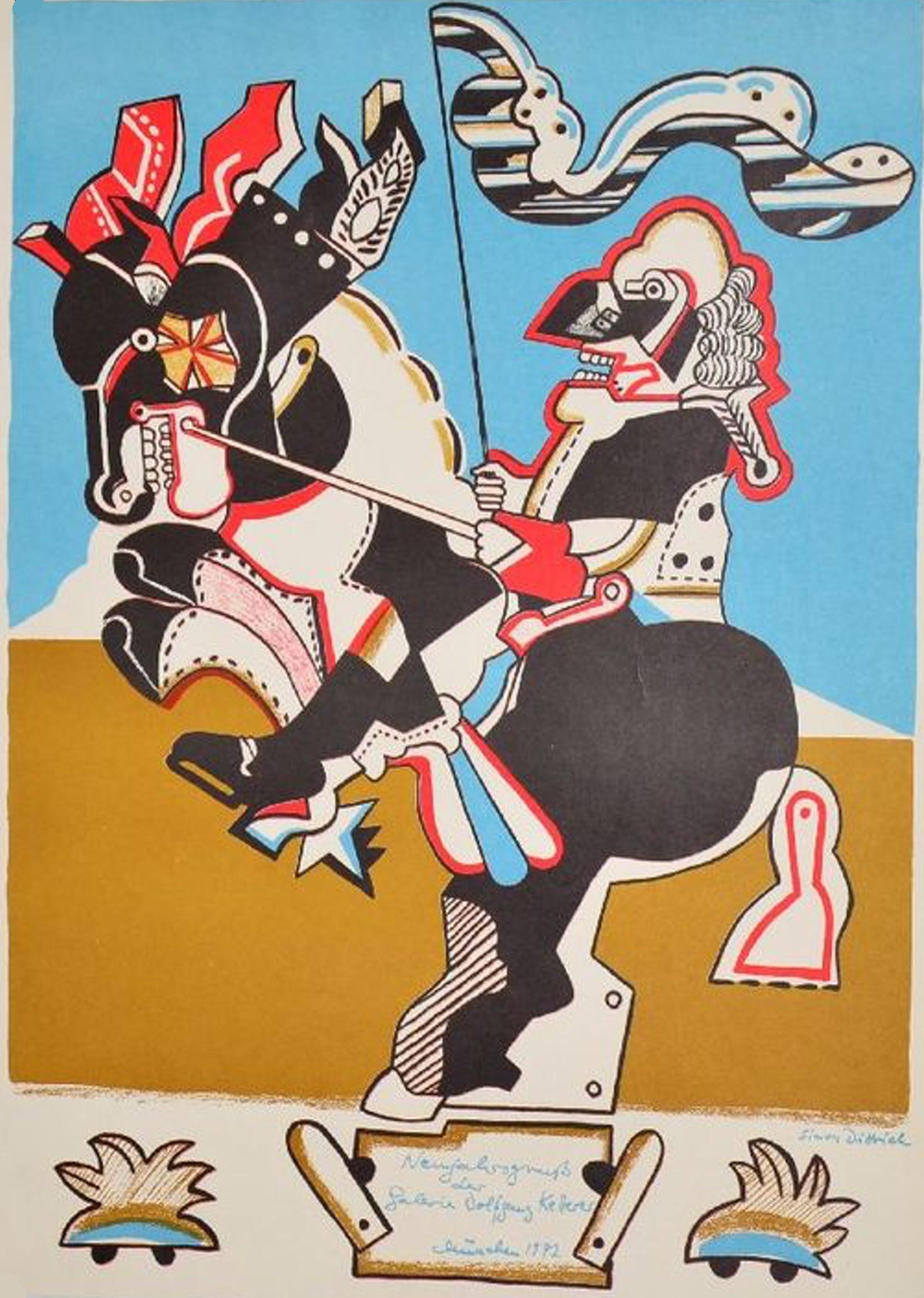 The color lithograph "Knight on Steed" by Simon Dittrich, created in 1972, captures the artist’s abstract approach to portraying human figures, with a focus on strength and power. The piece is signed and remains in good condition, making it a