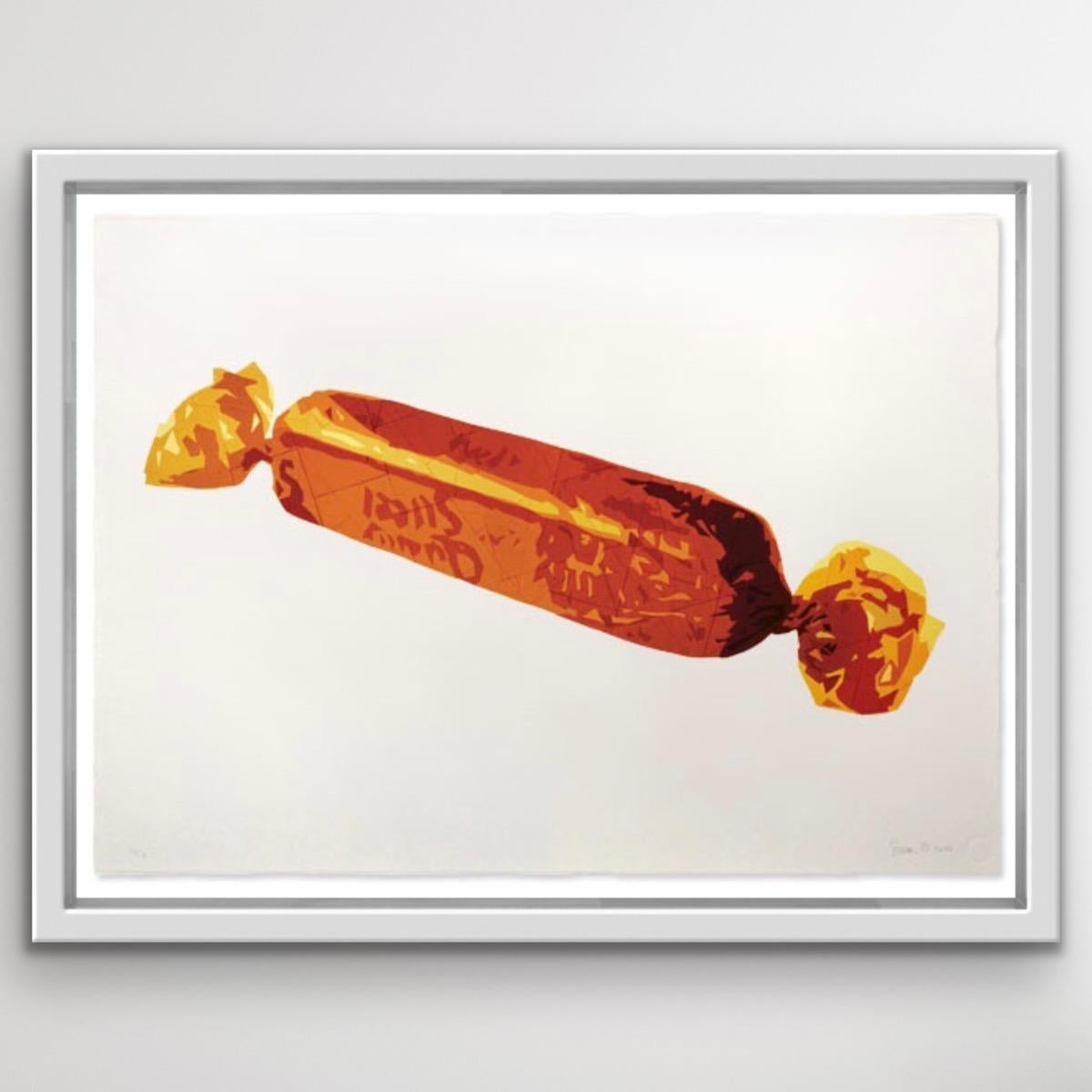 Limited edition print of the original ‘Gold Finger’ Quality Street Toffee Finger image by Simon Dry. The first print onto Fabriano paper is over painted in white by Simon and then over printed again to create a uniquely textured hand finished
