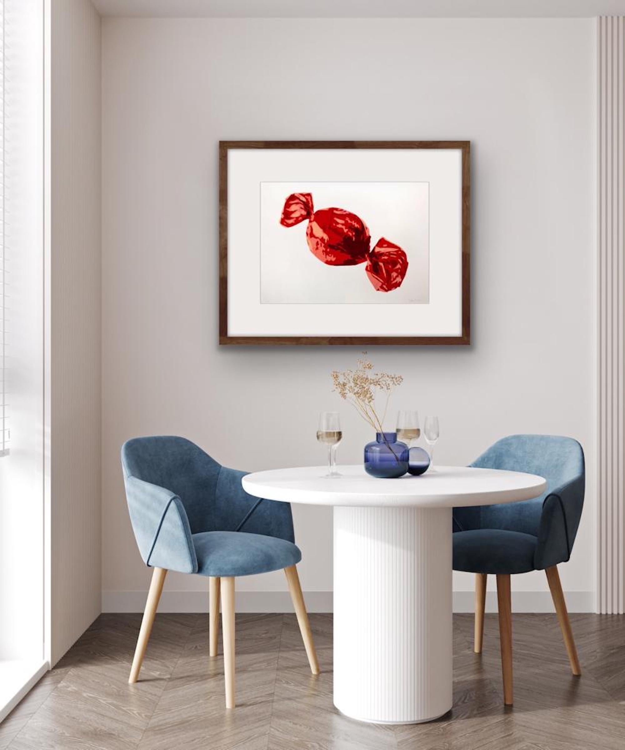 Limited edition print of the original ‘The Red One’ Quality Street Strawberry Cream image by Simon Dry. The first print onto Fabriano paper is over painted in white by Simon and then over printed again to create a uniquely textured hand finished