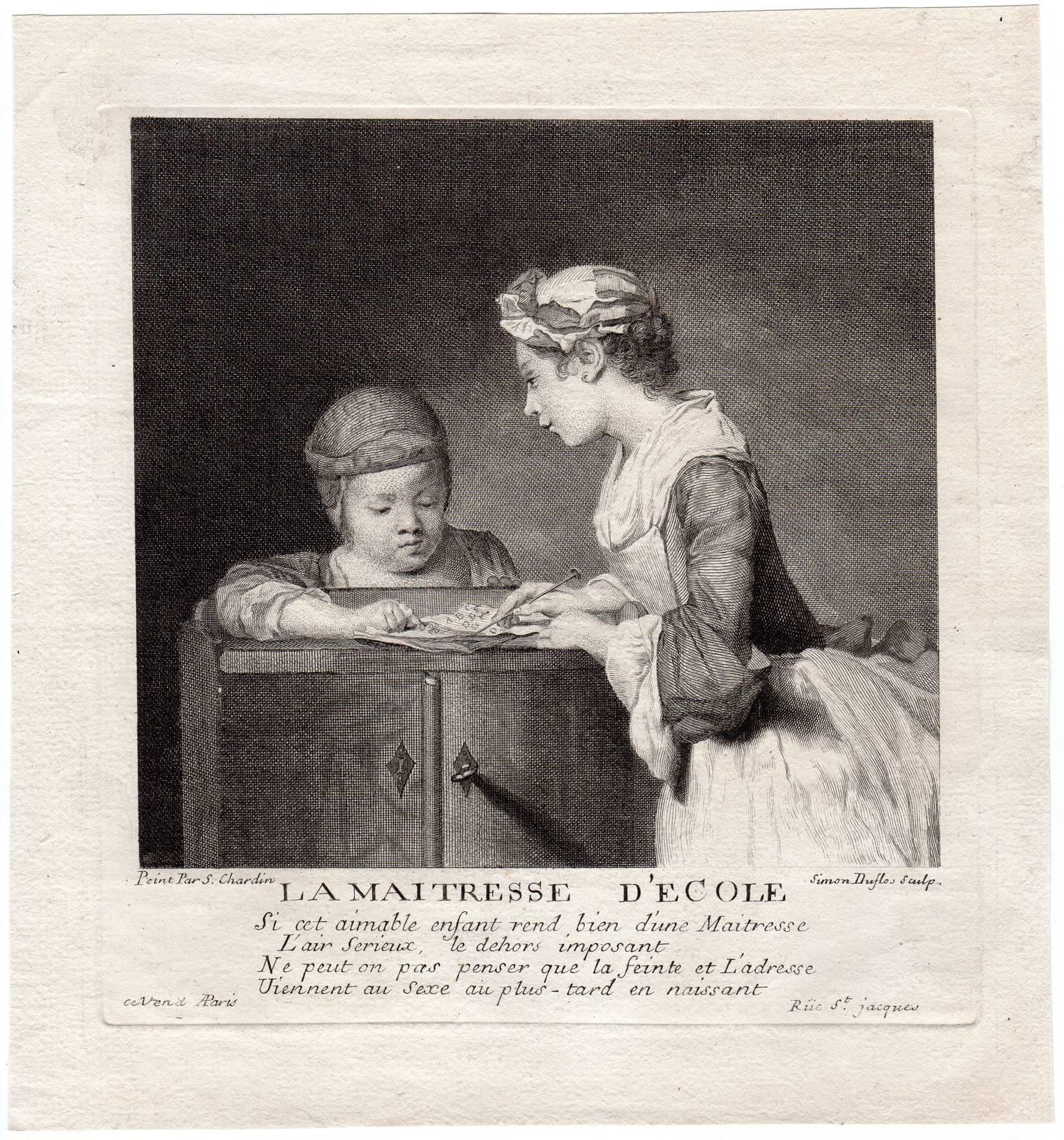 Simon Duflos Figurative Print - La maitresse d'ecole - A girl teaching a child to read.