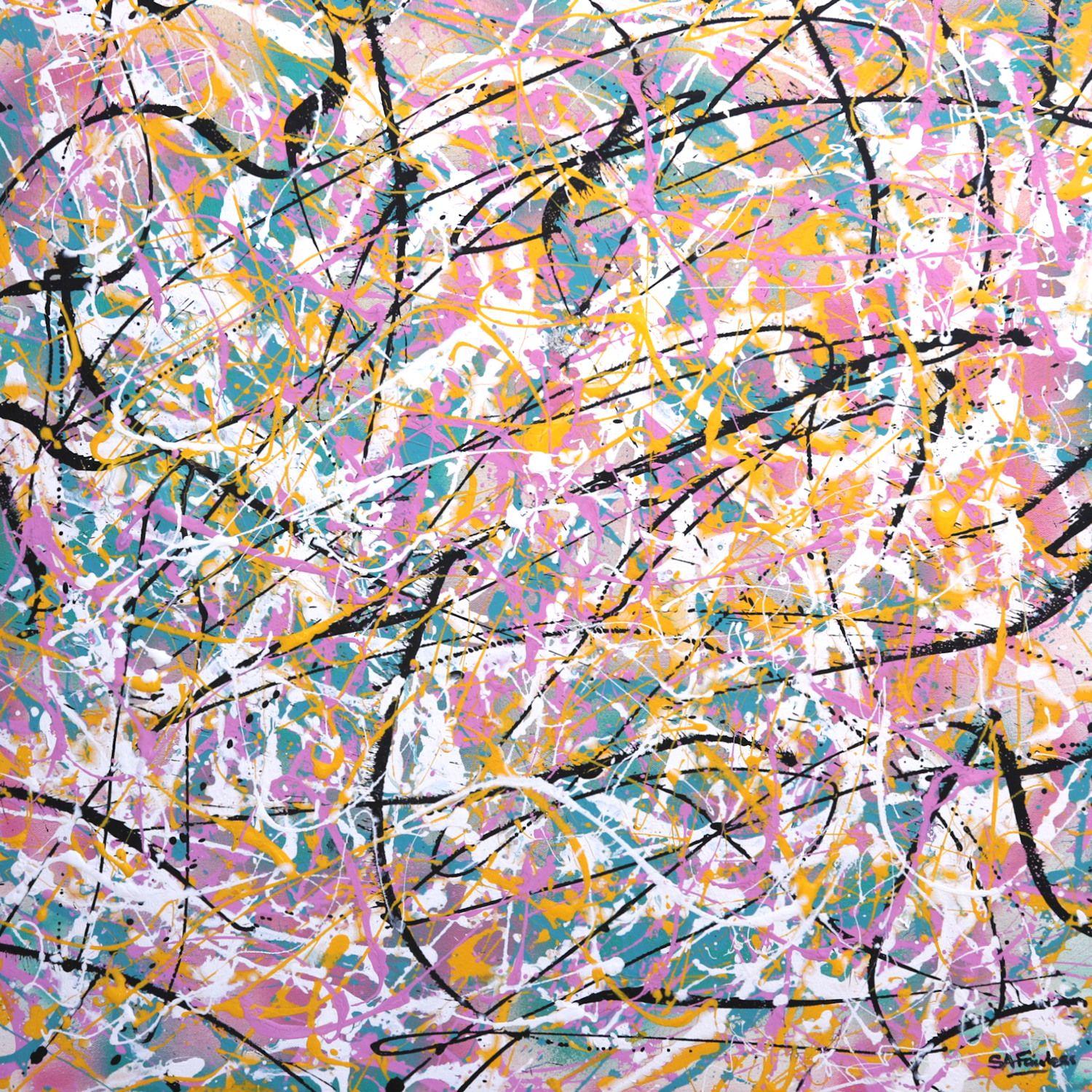 A bright light abstract painting in Jackson Pollock's action art style. This painting reminds me of the warmth colour and energy that summer brings. Ice cream, candy and summer light. A real bright highlight for your home decor. Jackson Pollock's