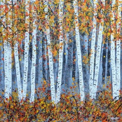 Autumn Silver Birch Wood, Painting, Acrylic on Canvas