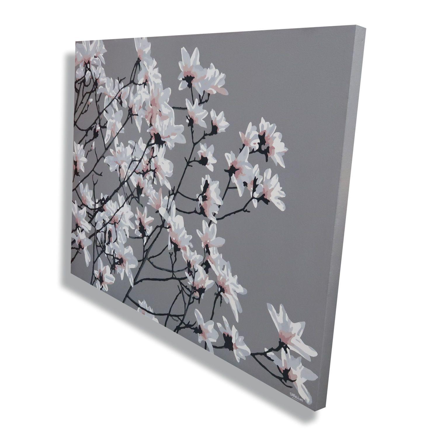 A large floral painting of a magnolia flowering in spring. These white flowers are always a cheery sight at the beginning of the year. Spring is such a beautiful time of year full of freshness and new growth after the winter darkness. These flowers