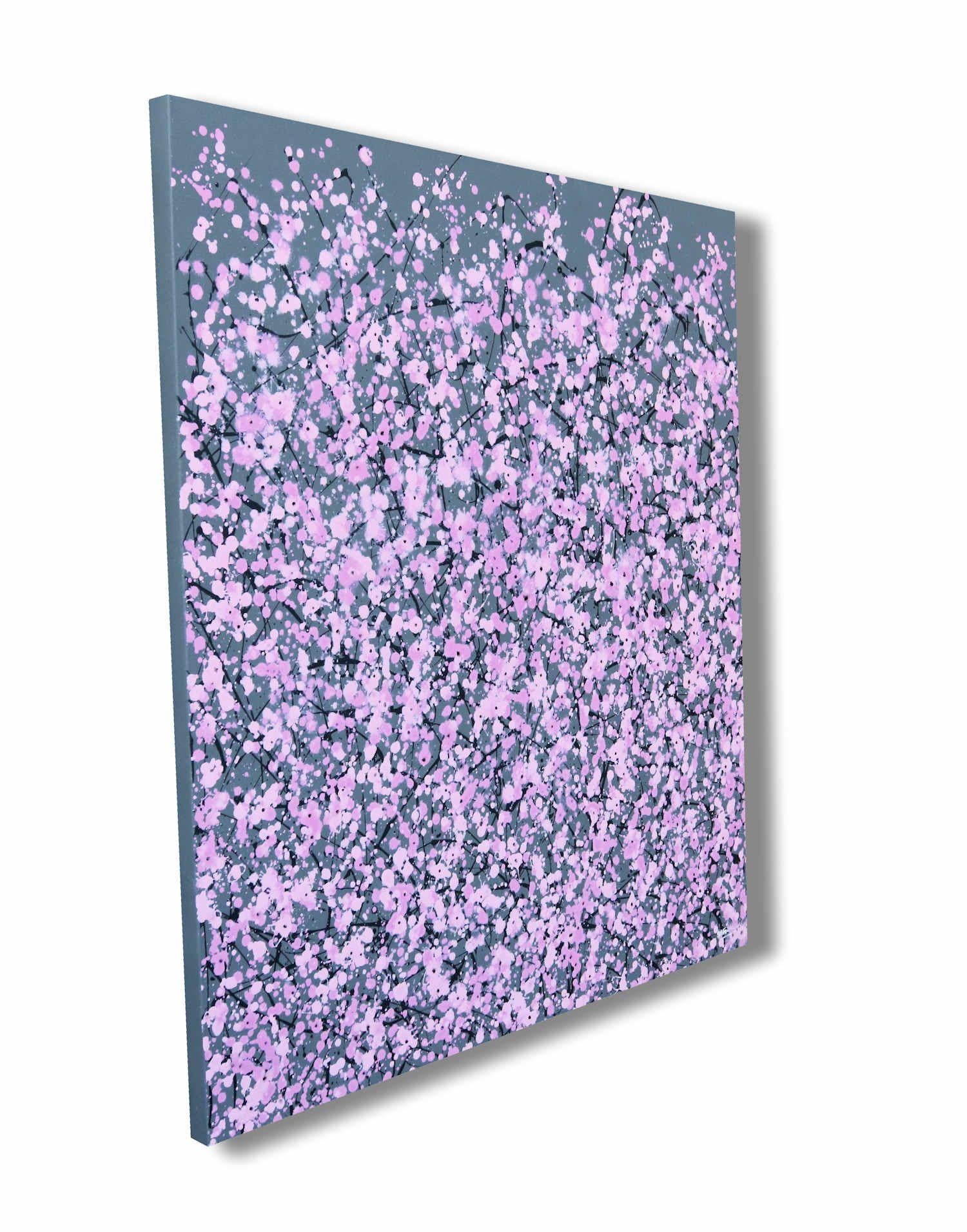 This artwork represents blossom in spring, a beautiful time of year as the light gets stronger and the days warmer the blossom lights in the hedgerows. A stunning work of abstract floral art in pink and contemporary grey tones that will light up any