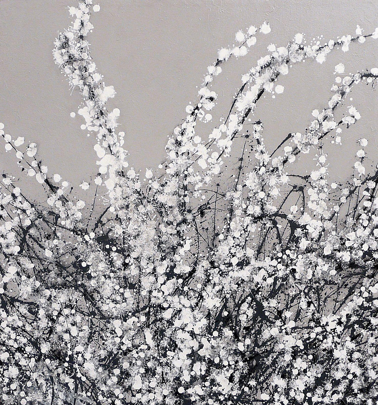 This artwork represents blossom in spring, an uplifting time of year as the light gets stronger and the days warmer the first blossom appears in the hedgerows. A stunning work of abstract floral art in white and grey tones that will light up any