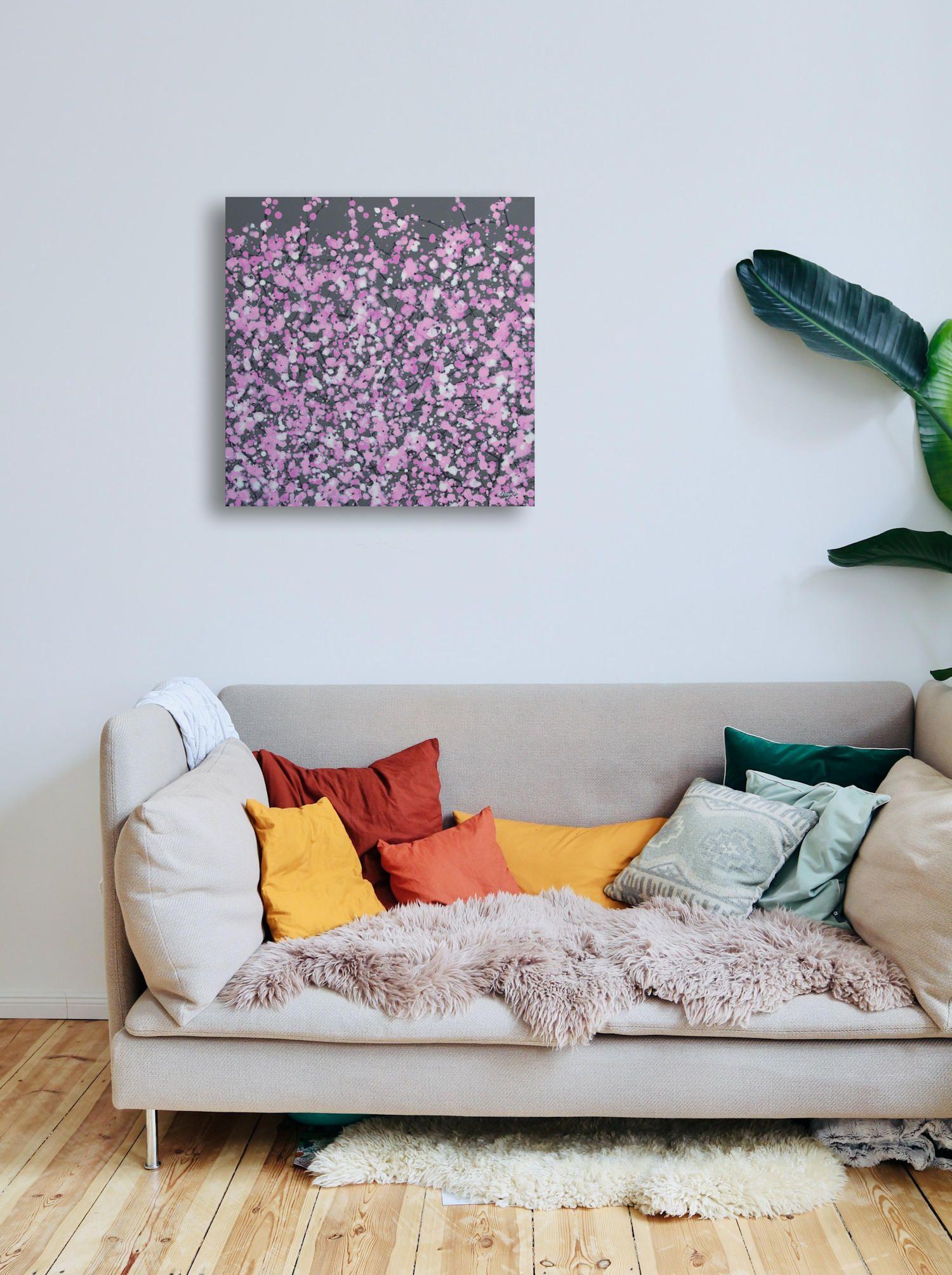 Spring Blossom - Pink, Painting, Acrylic on Canvas - Gray Abstract Painting by Simon Fairless