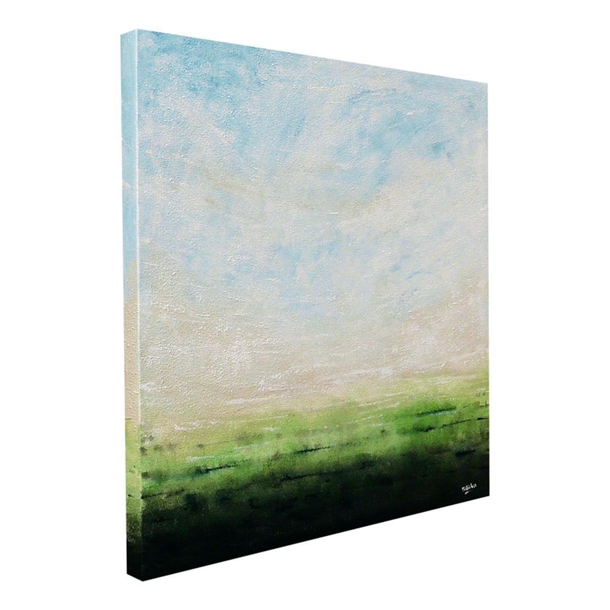 An abstract landscape painting full of texture, movement in subtle tones of green. Sometimes the landscape merges with the sky in transient light and each is indistinguishable from the other.  A Piece of original art with the drama and light that