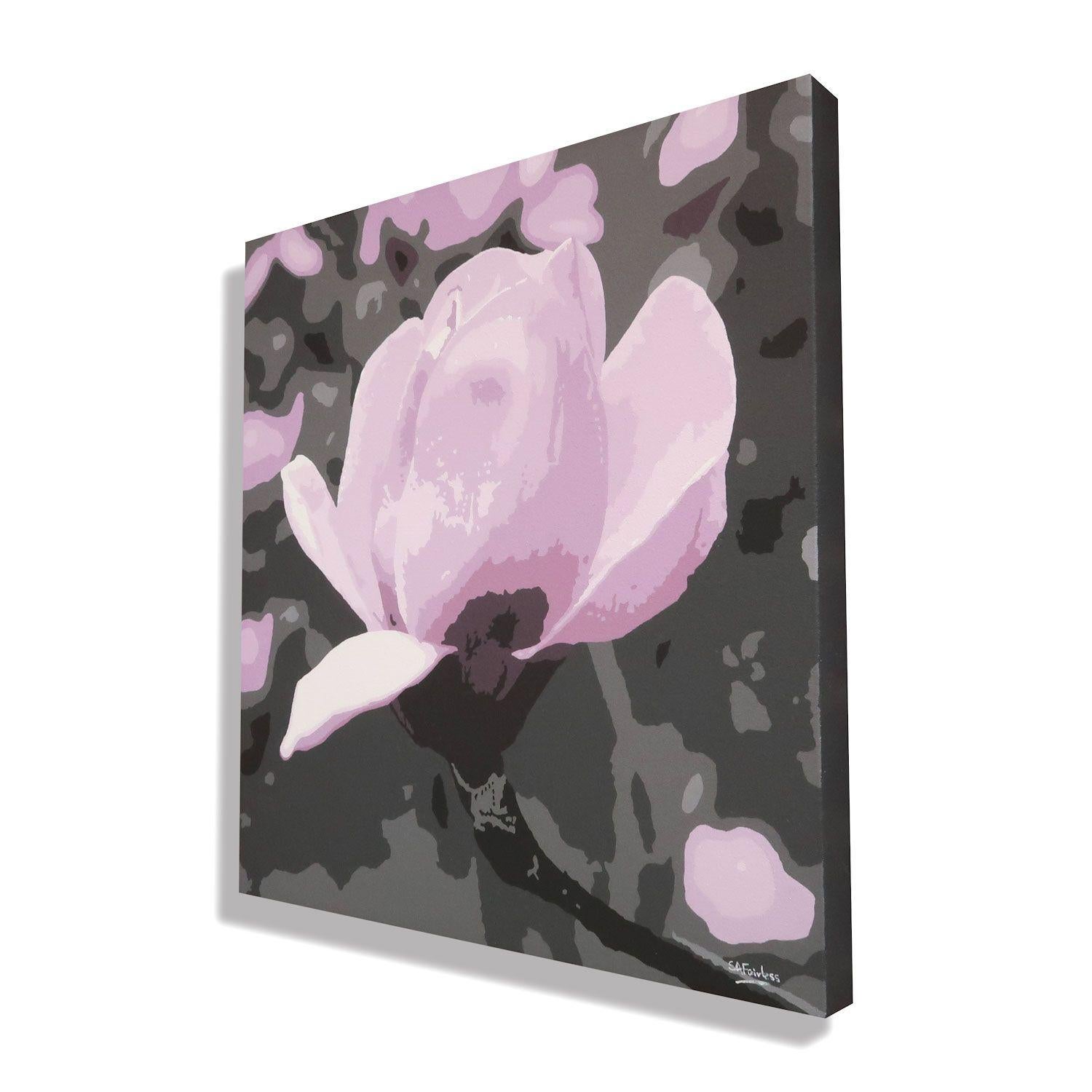 A graphic floral pop art painting of a magenta magnolia flower in spring. I've spent a some lovely days taking photographs of these magnificent flowers in The Savill Garden, Windsor. They are a real tonic and signal an end to winter. Beautifully