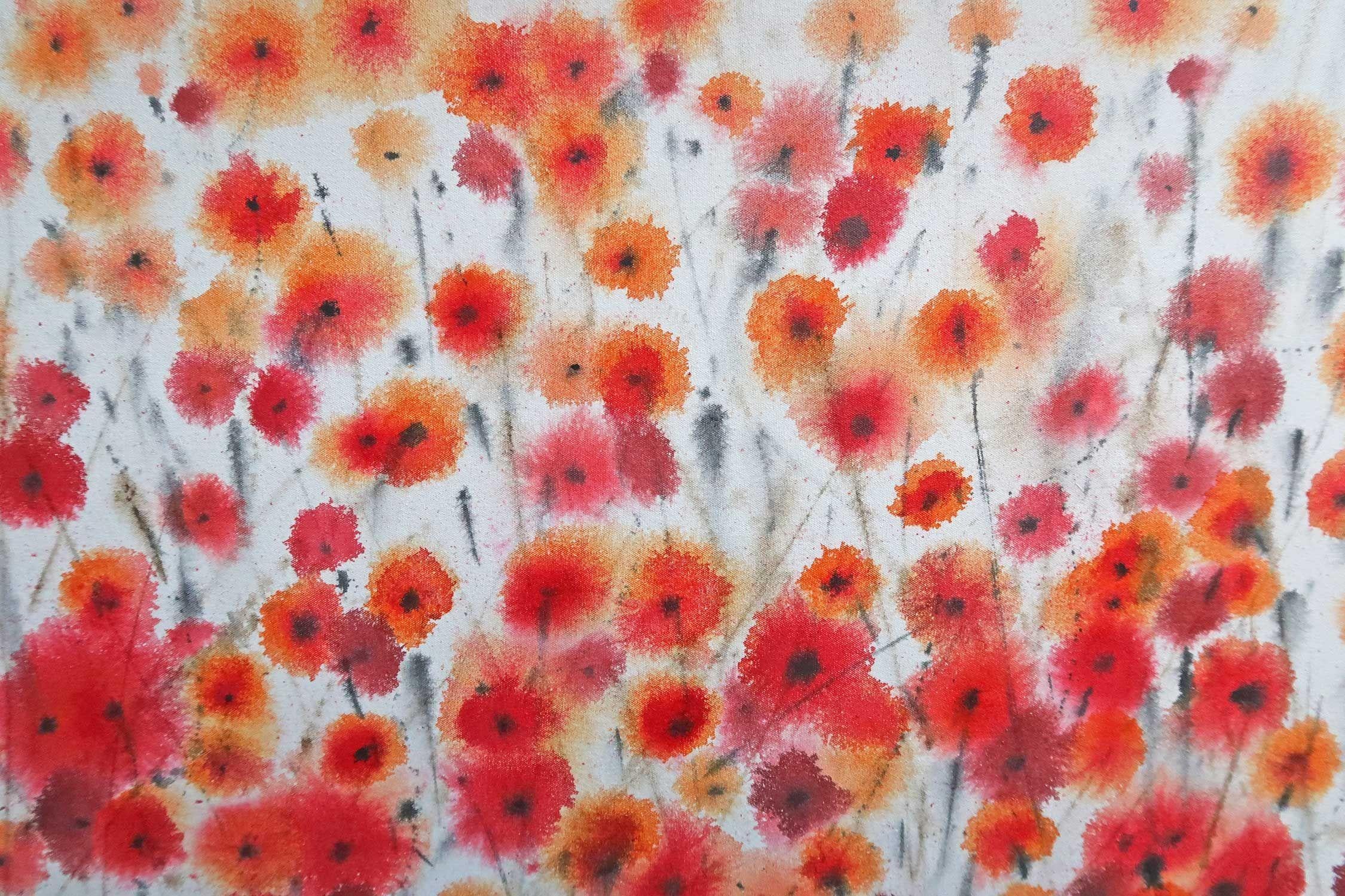 A large summer floral painting in rich red and orange. I allow the paint to flow and merge in these paintings, with a little control applied giving a sense of fluidity. An expression of beautiful bright summer days spent in The Savill Garden in