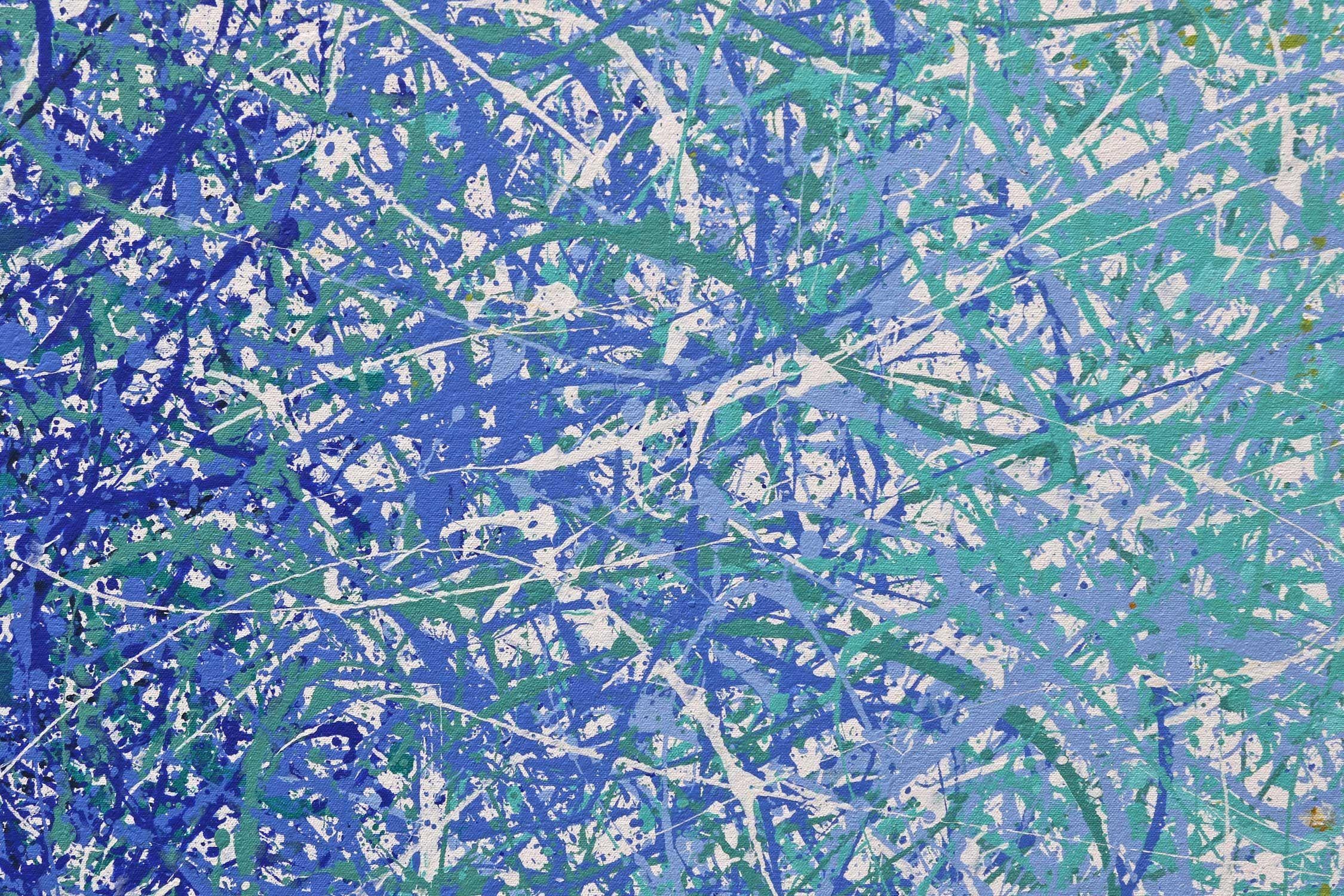 A large modern abstract painting in the style of Jackson Pollock. Painted in shades of turquoise and blue. The technique looks random and easy to achieve, however these take quite a bit of planning to create a balance across the whole piece built up