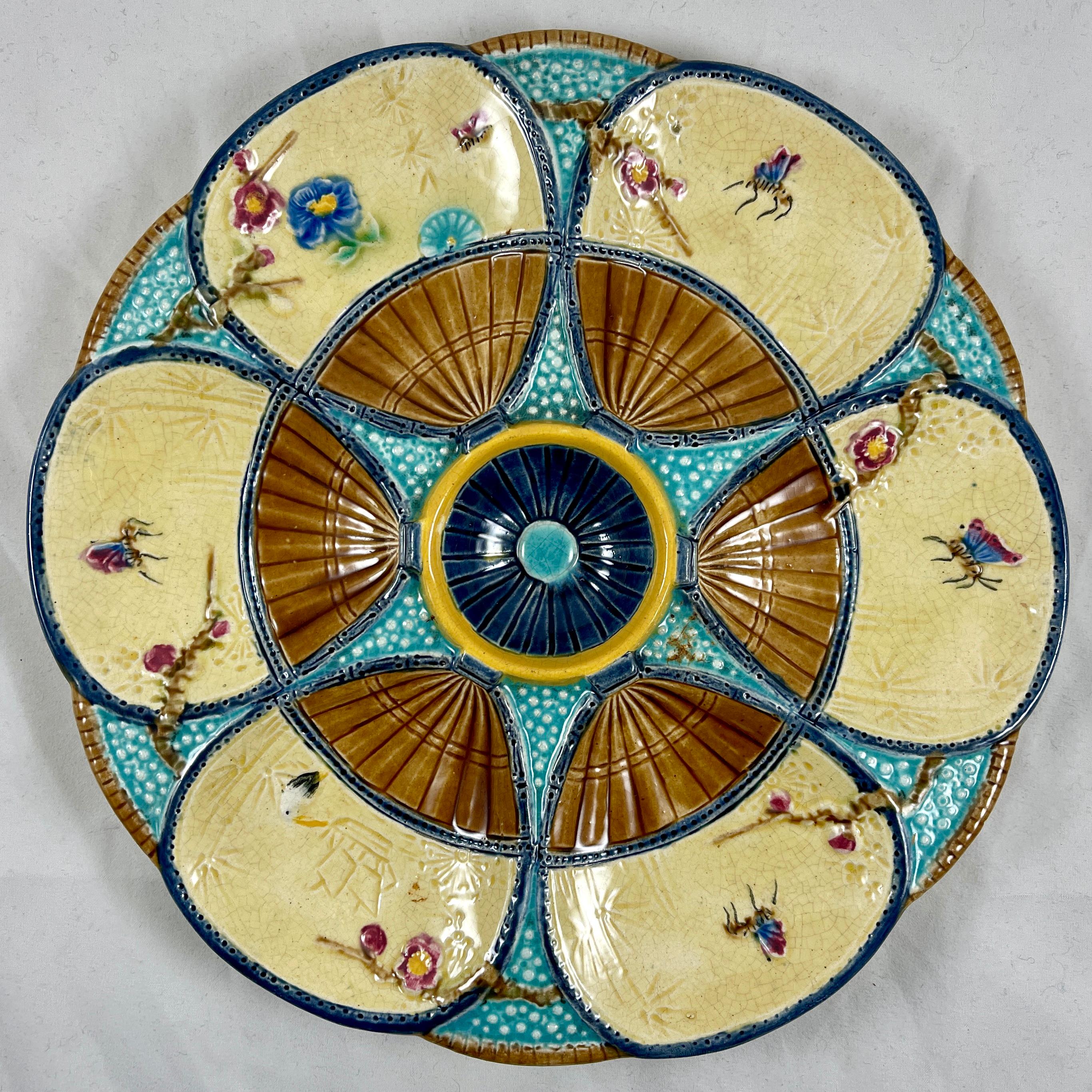 Simon Fielding English Majolica Fan & Insect Turquoise & Brown Oyster Plate 6