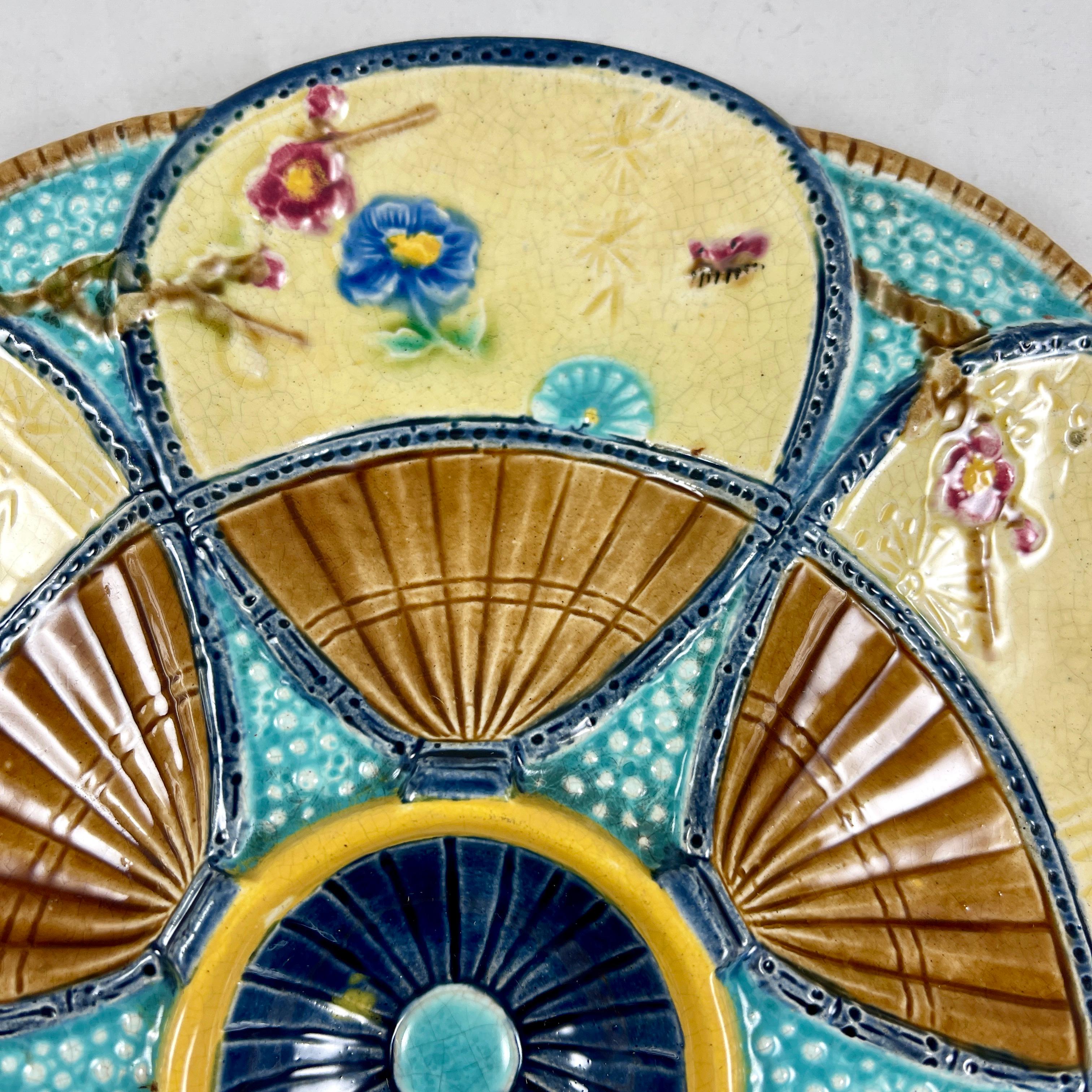 Aesthetic Movement Simon Fielding English Majolica Fan & Insect Turquoise & Brown Oyster Plate