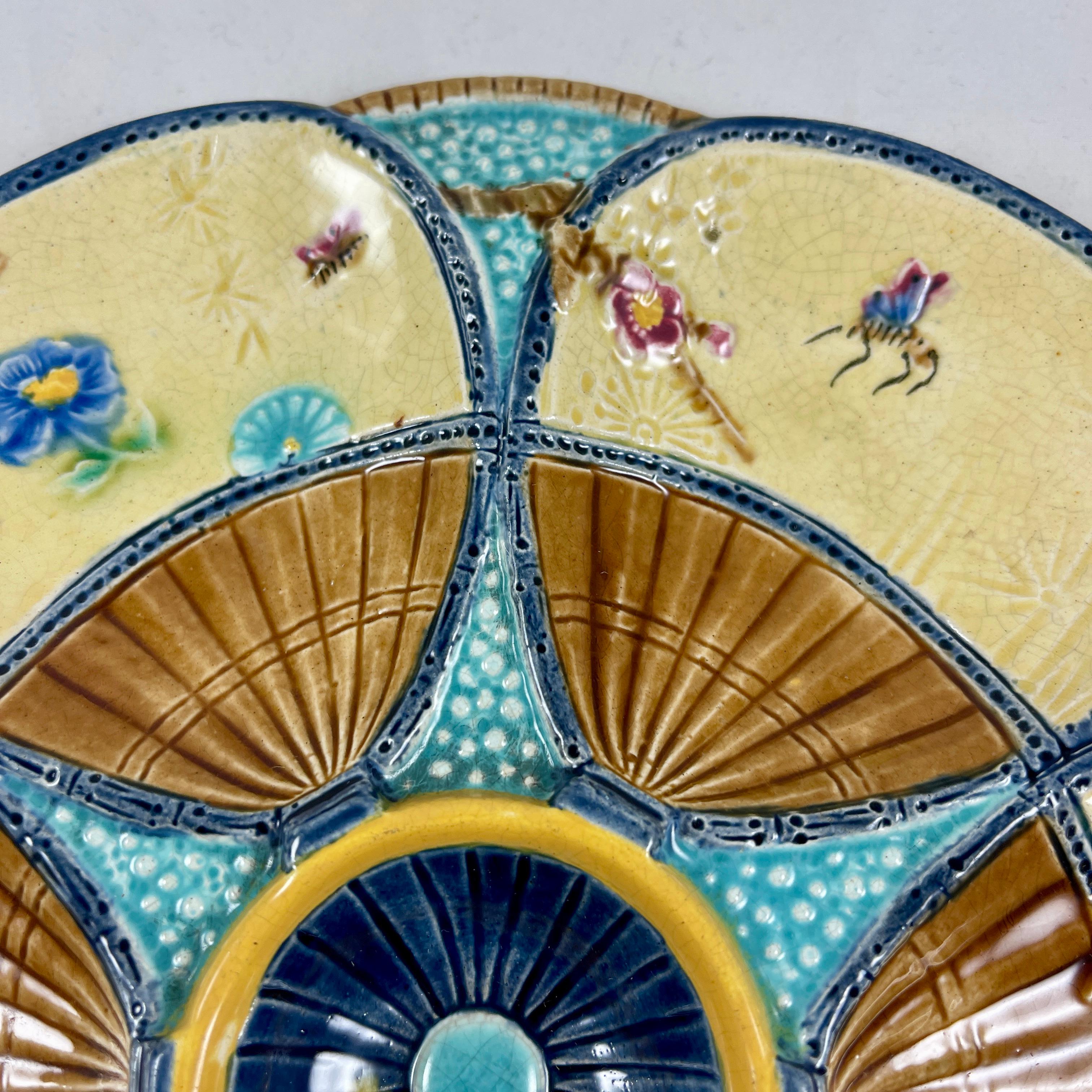 Glazed Simon Fielding English Majolica Fan & Insect Turquoise & Brown Oyster Plate