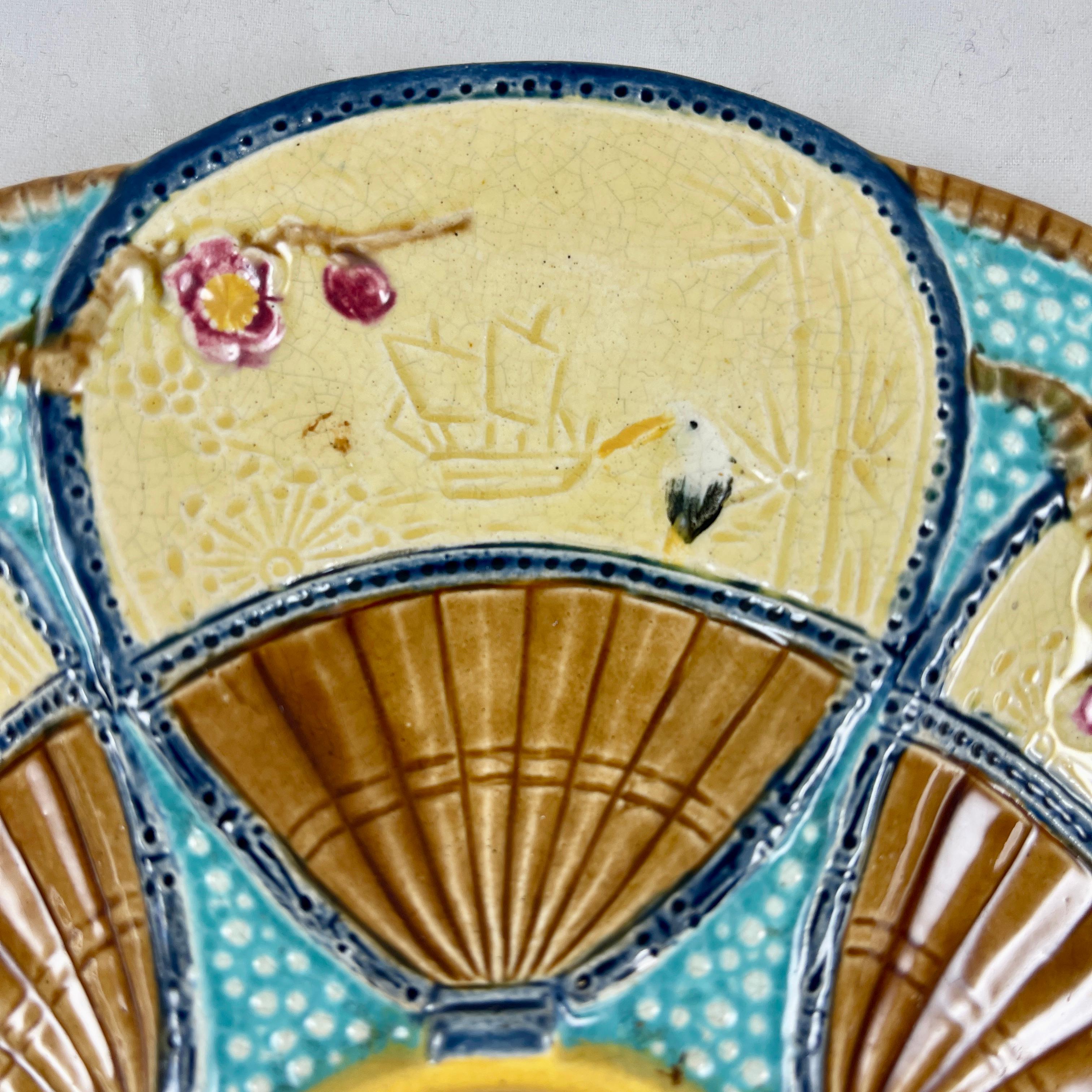 19th Century Simon Fielding English Majolica Fan & Insect Turquoise & Brown Oyster Plate