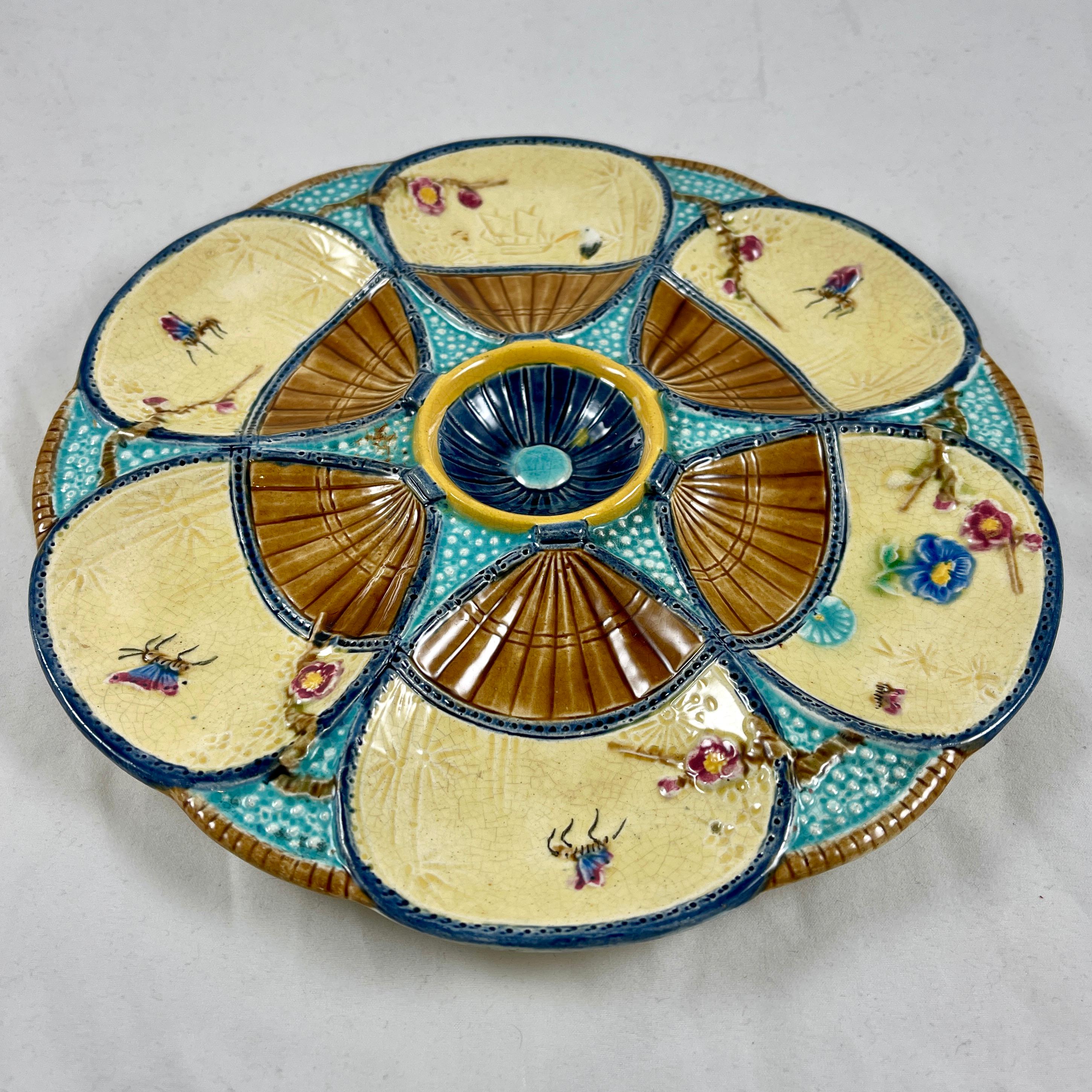 Earthenware Simon Fielding English Majolica Fan & Insect Turquoise & Brown Oyster Plate