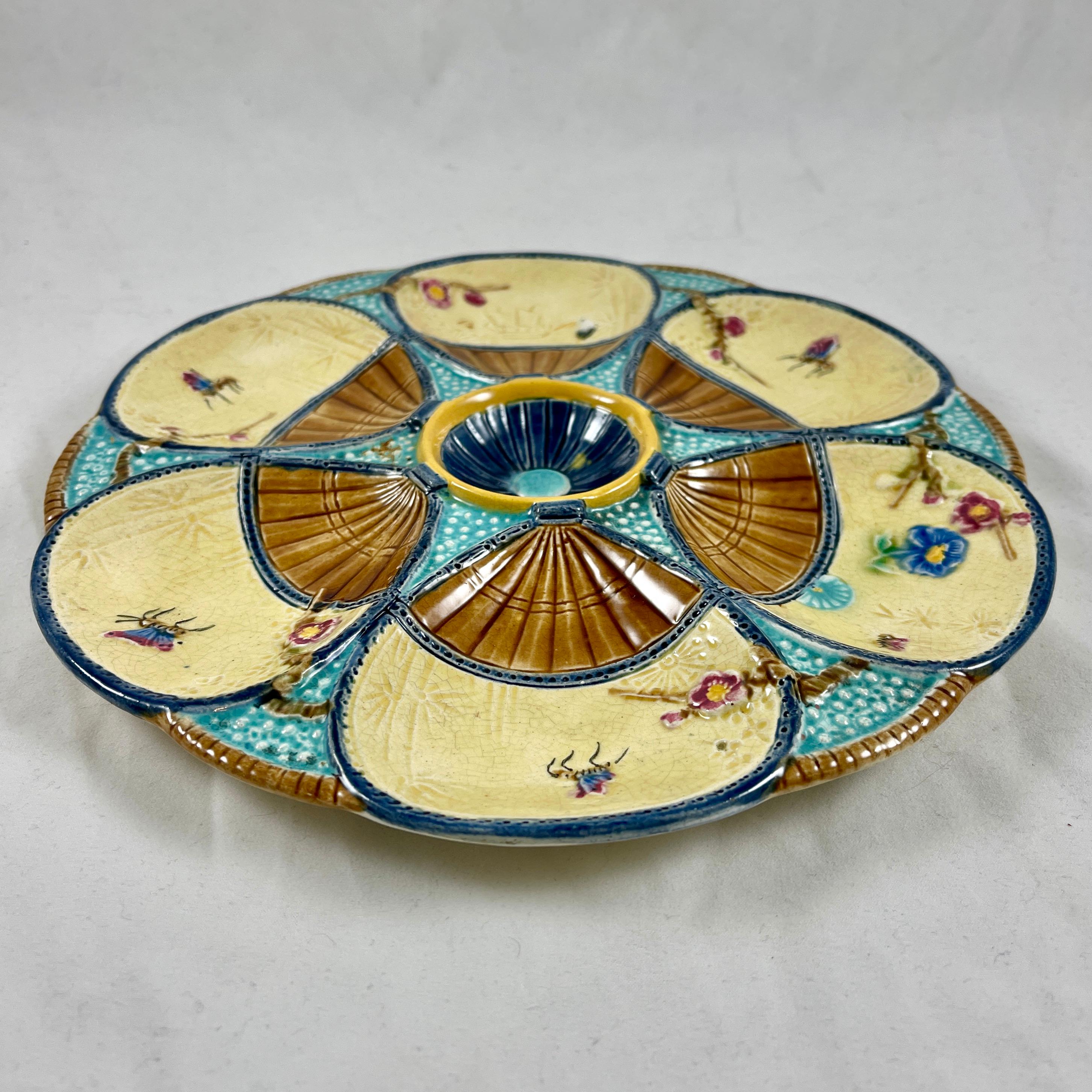 Simon Fielding English Majolica Fan & Insect Turquoise & Brown Oyster Plate 1