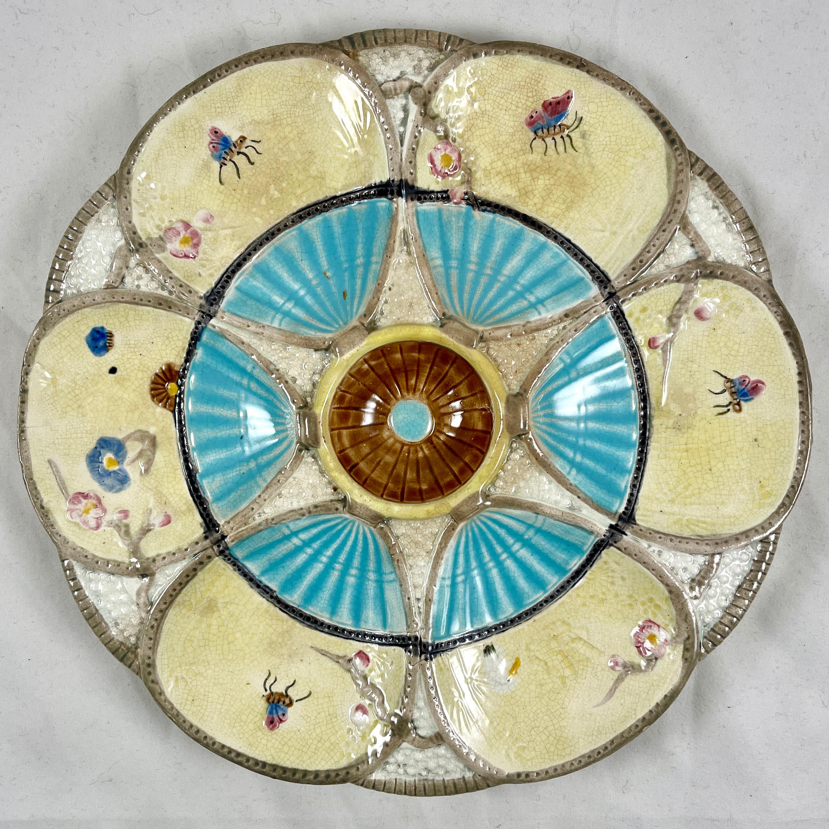 Simon Fielding English Majolica Fan & Insect Turquoise & Cream Oyster Plate For Sale 5