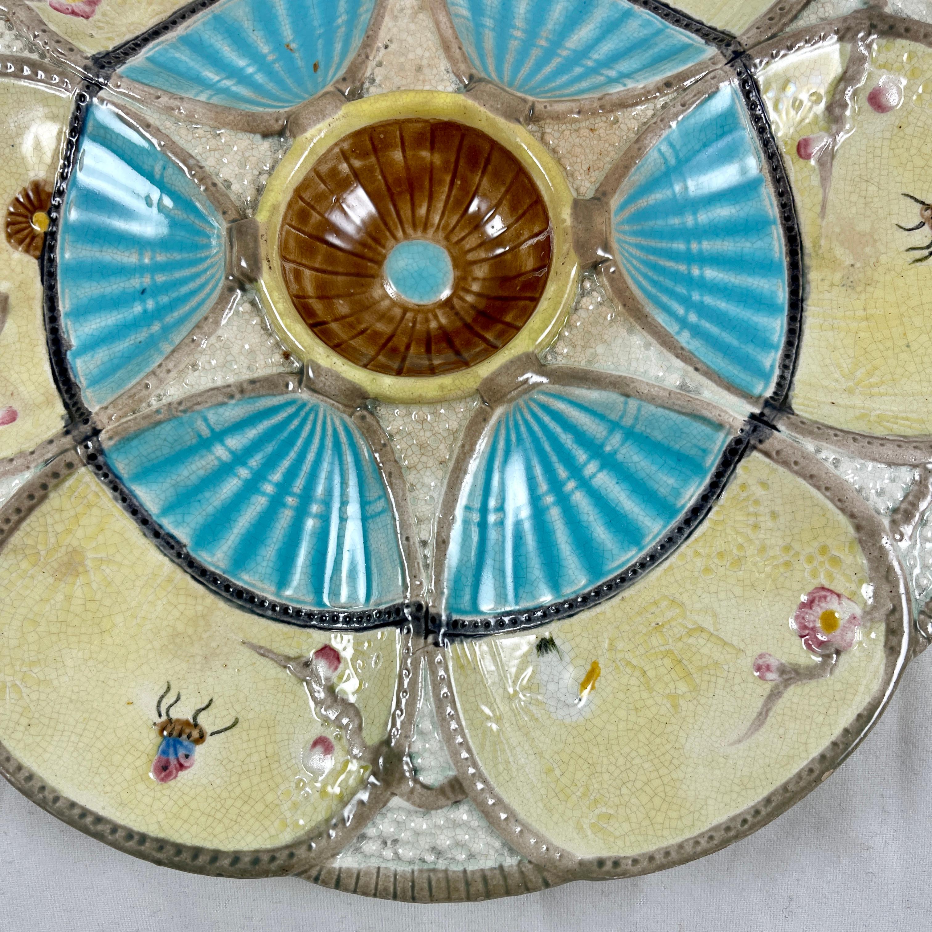 Aesthetic Movement Simon Fielding English Majolica Fan & Insect Turquoise & Cream Oyster Plate For Sale