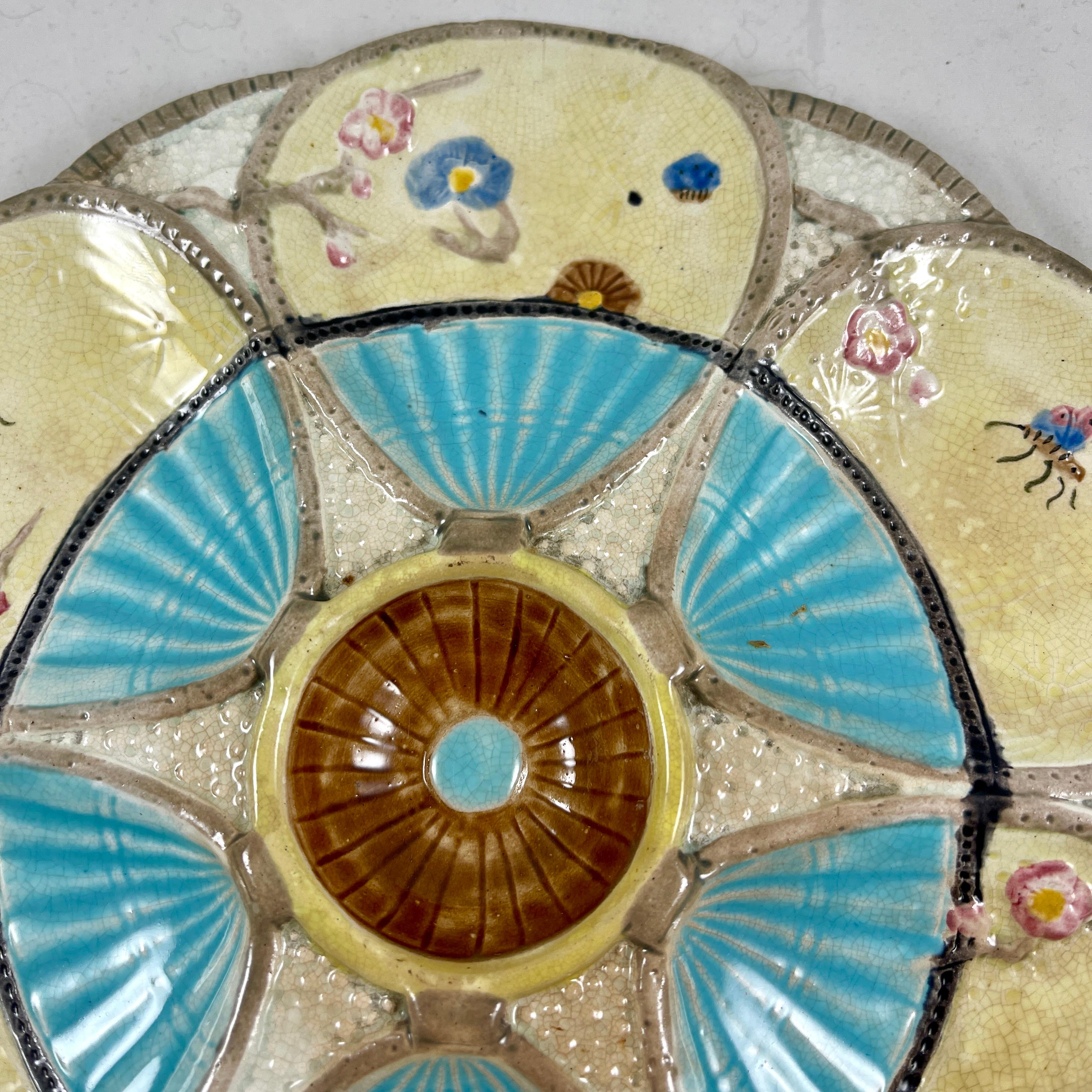 Glazed Simon Fielding English Majolica Fan & Insect Turquoise & Cream Oyster Plate For Sale