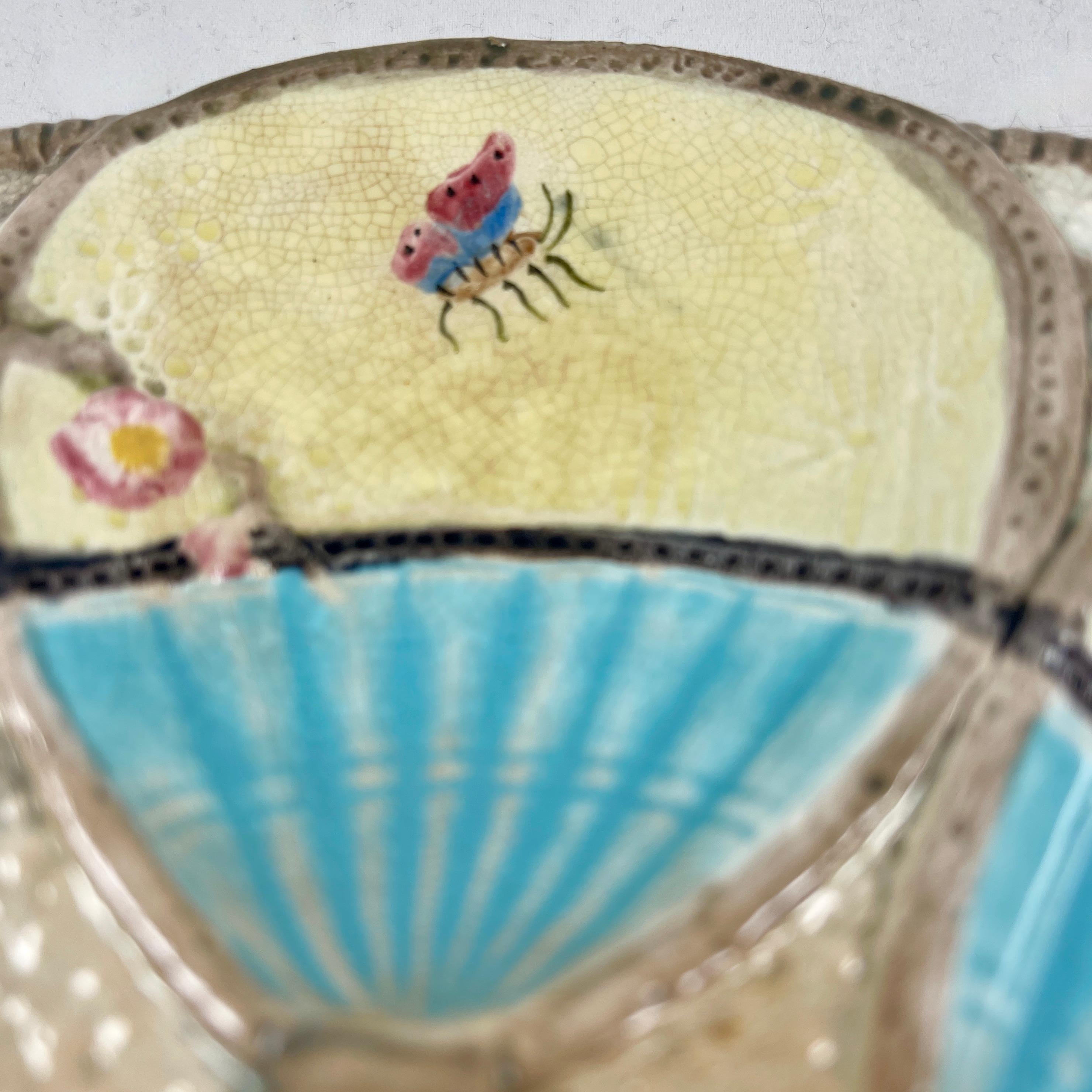 19th Century Simon Fielding English Majolica Fan & Insect Turquoise & Cream Oyster Plate For Sale