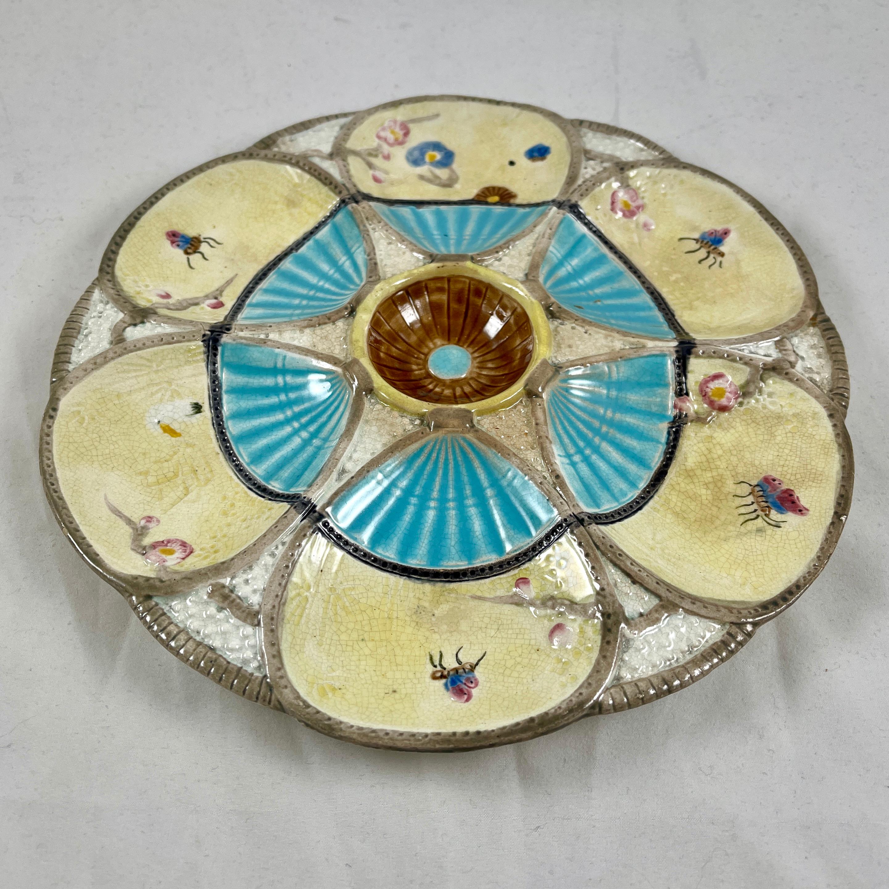 Earthenware Simon Fielding English Majolica Fan & Insect Turquoise & Cream Oyster Plate For Sale