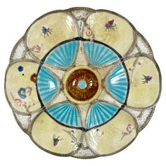 Antique Simon Fielding English Majolica Fan & Insect Turquoise & Cream Oyster Plate