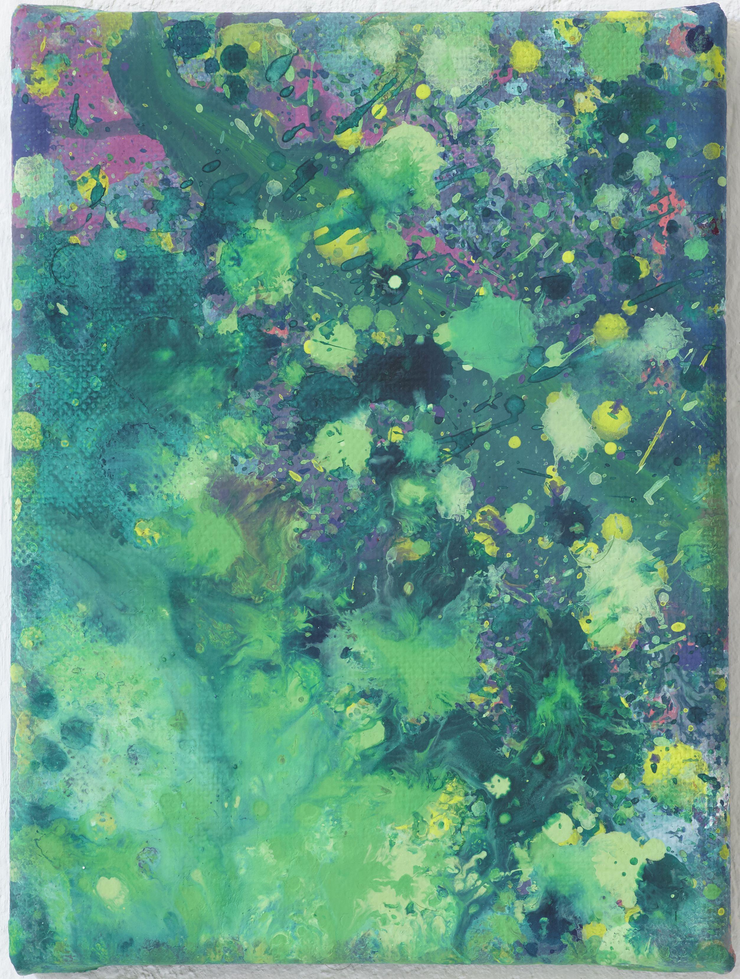 Cette œuvre était posée sur le sol, sous diverses grandes œuvres, où elle recueillait des gouttes de peinture.  Au fil du temps, des lignes et des flaques se sont formées - parfois guidées, parfois sans interférence.    Ce processus a été répété
